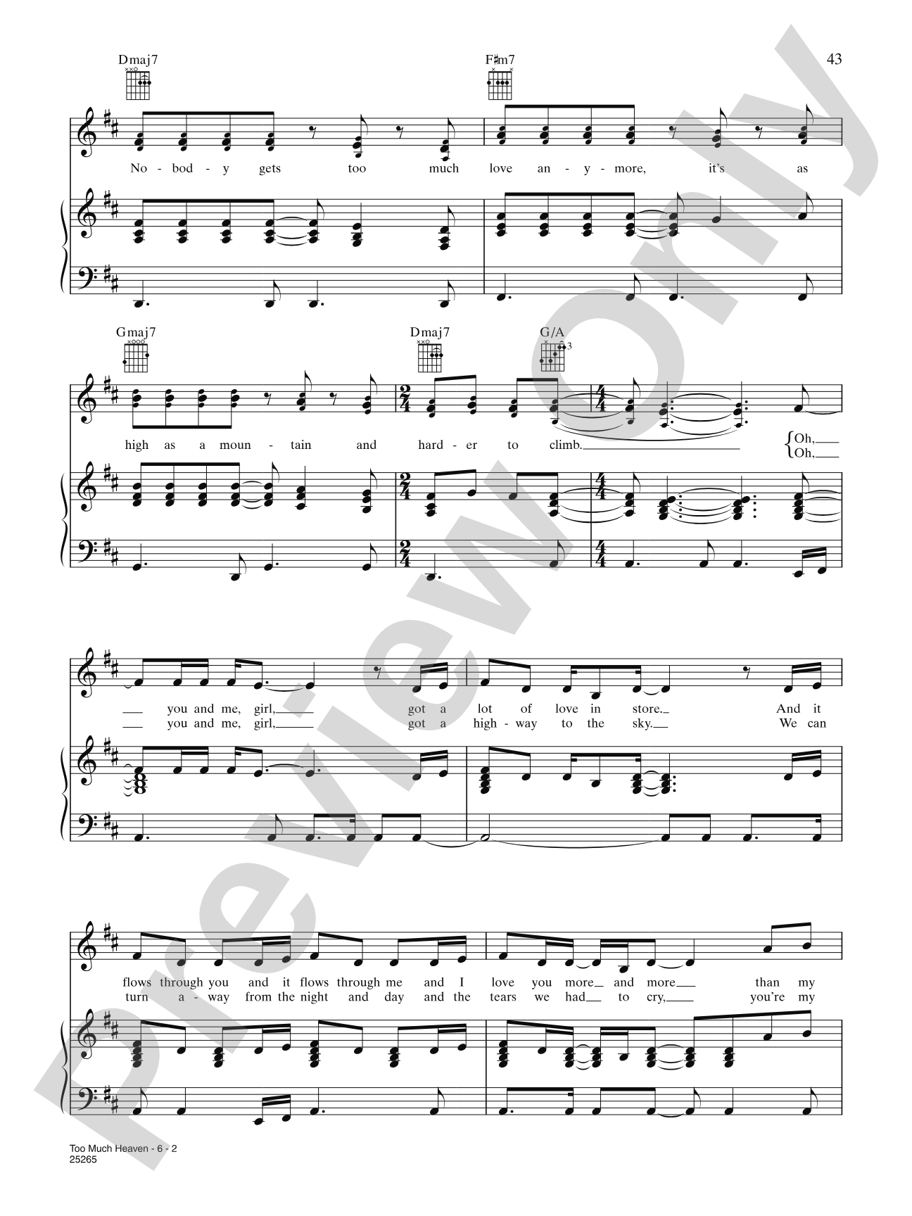 Too Much Heaven: Piano/Vocal/Chords