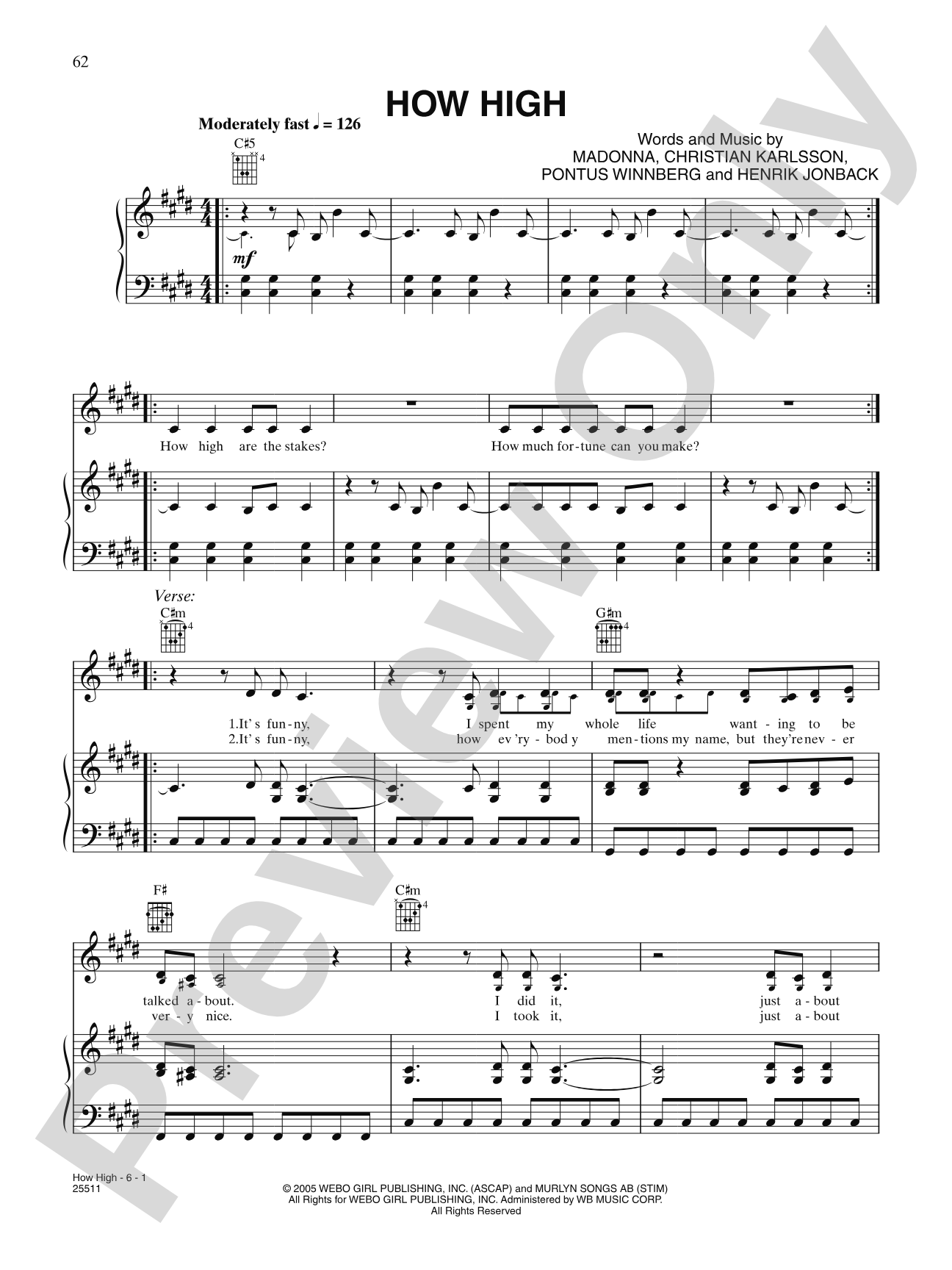 How High: Piano/Vocal/Chords