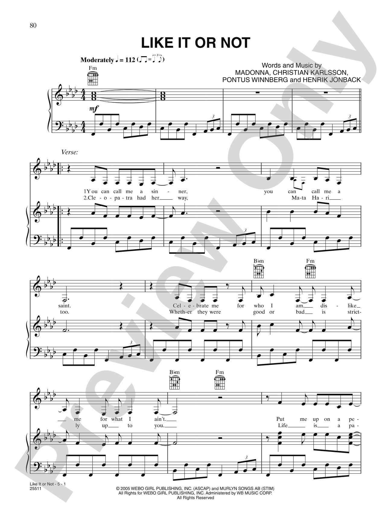 Like It Or Not: Piano/Vocal/Chords