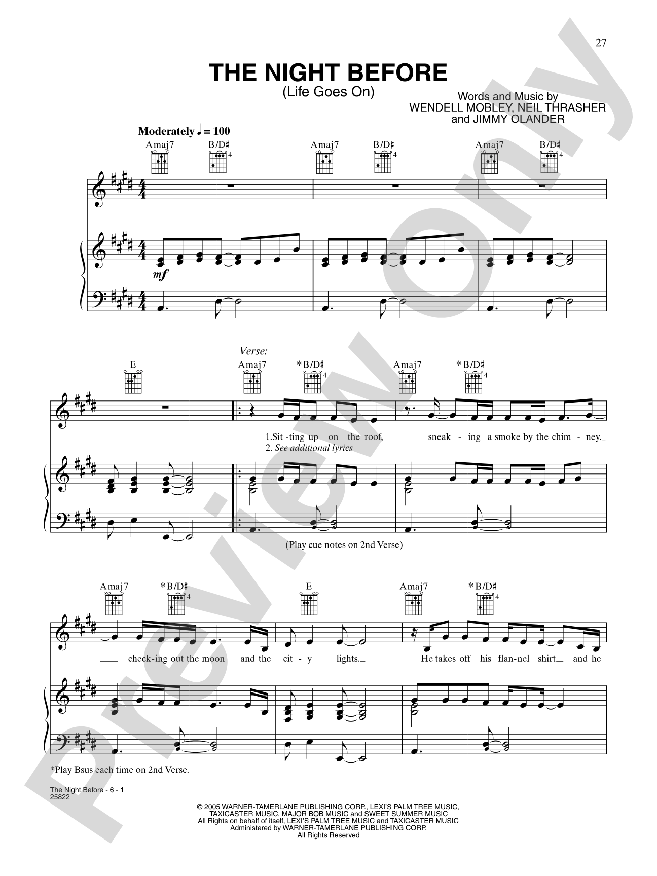 The Night Before (Life Goes On): Piano/Vocal/Chords