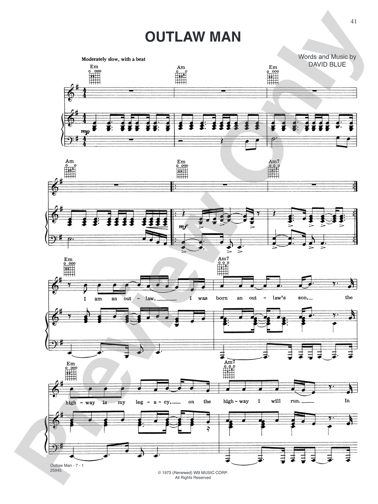 Outlaw Man: Piano/Vocal/Chords