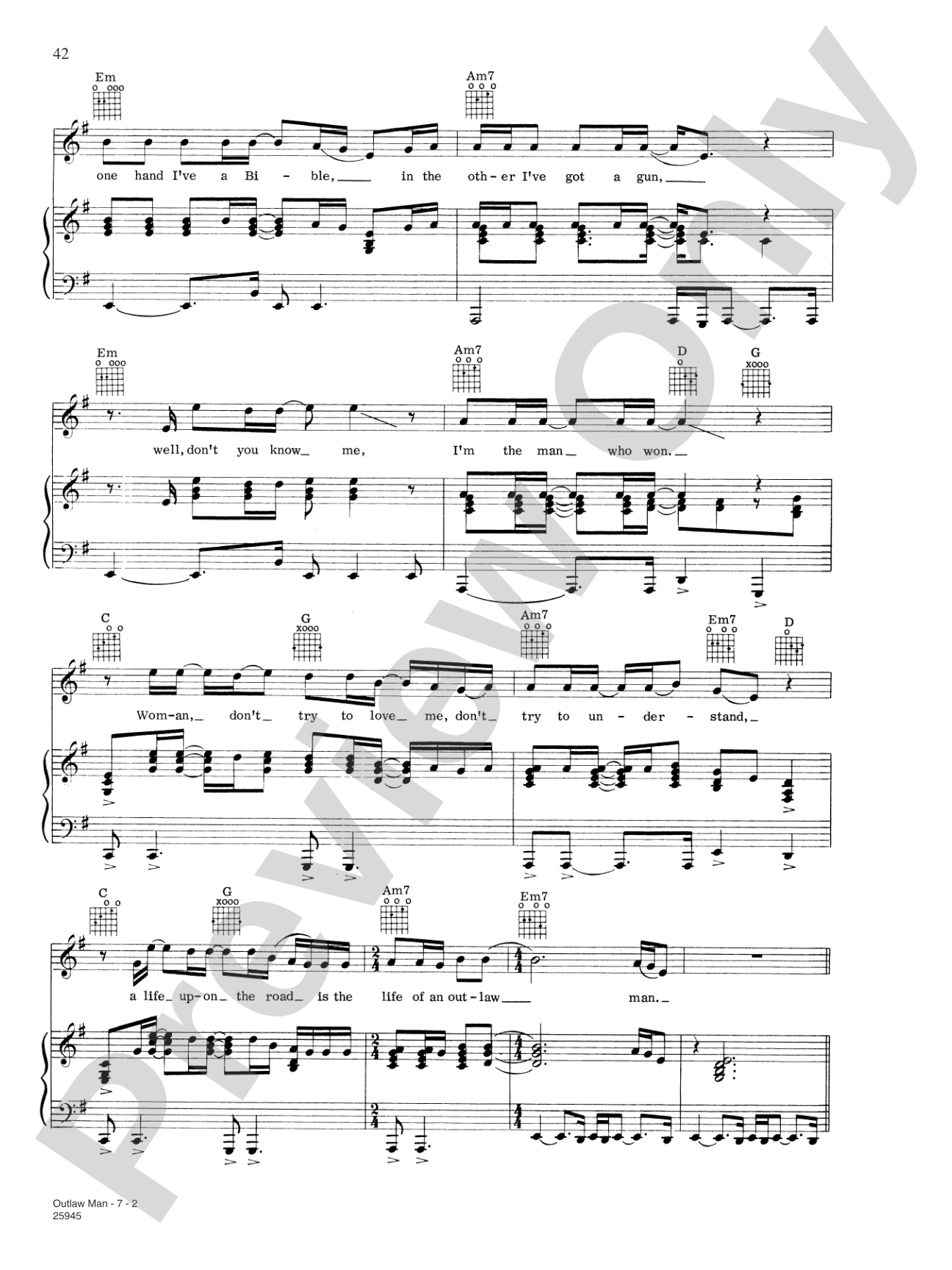 Outlaw Man: Piano/Vocal/Chords