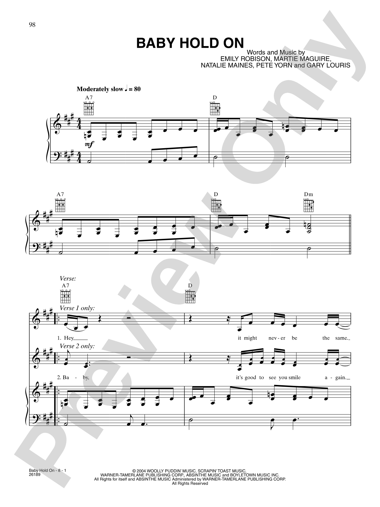 Baby Hold On: Piano/Vocal/Chords