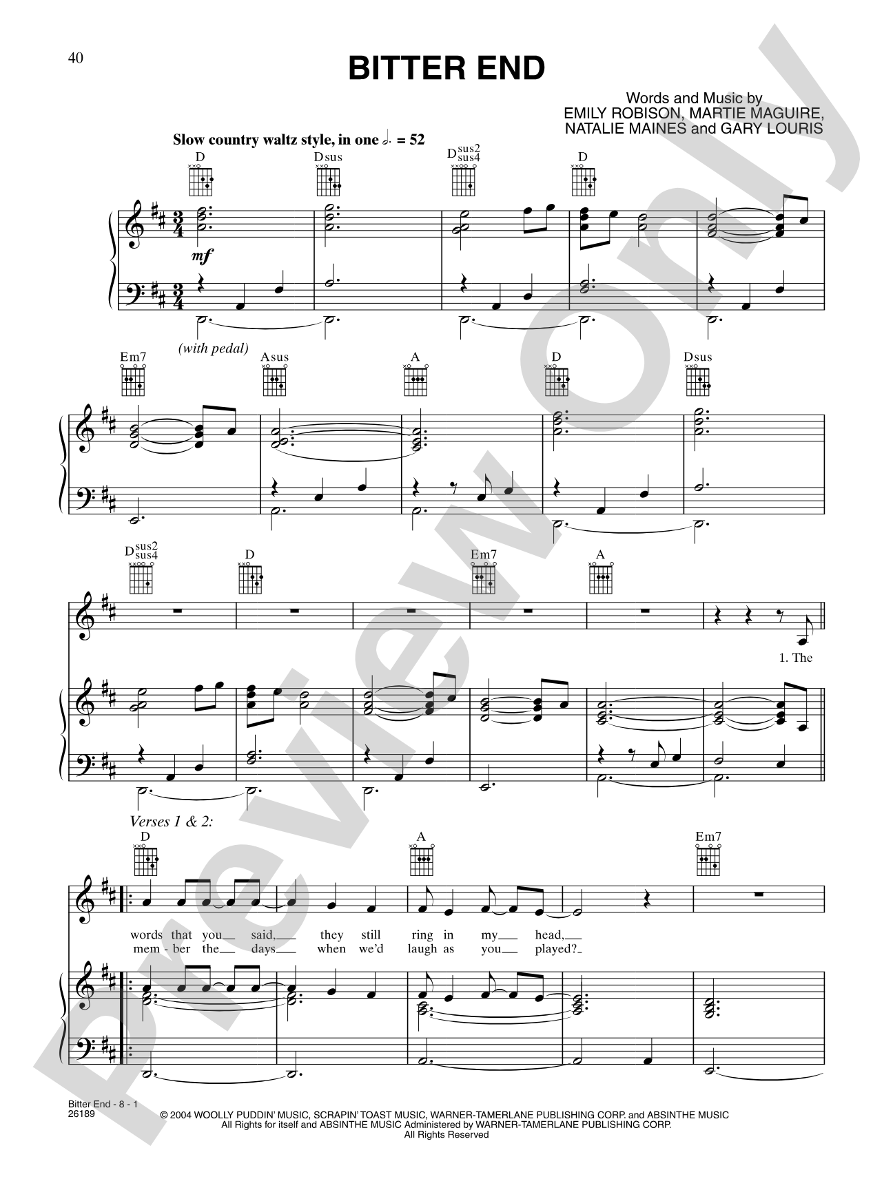 Bitter End: Piano/Vocal/Chords