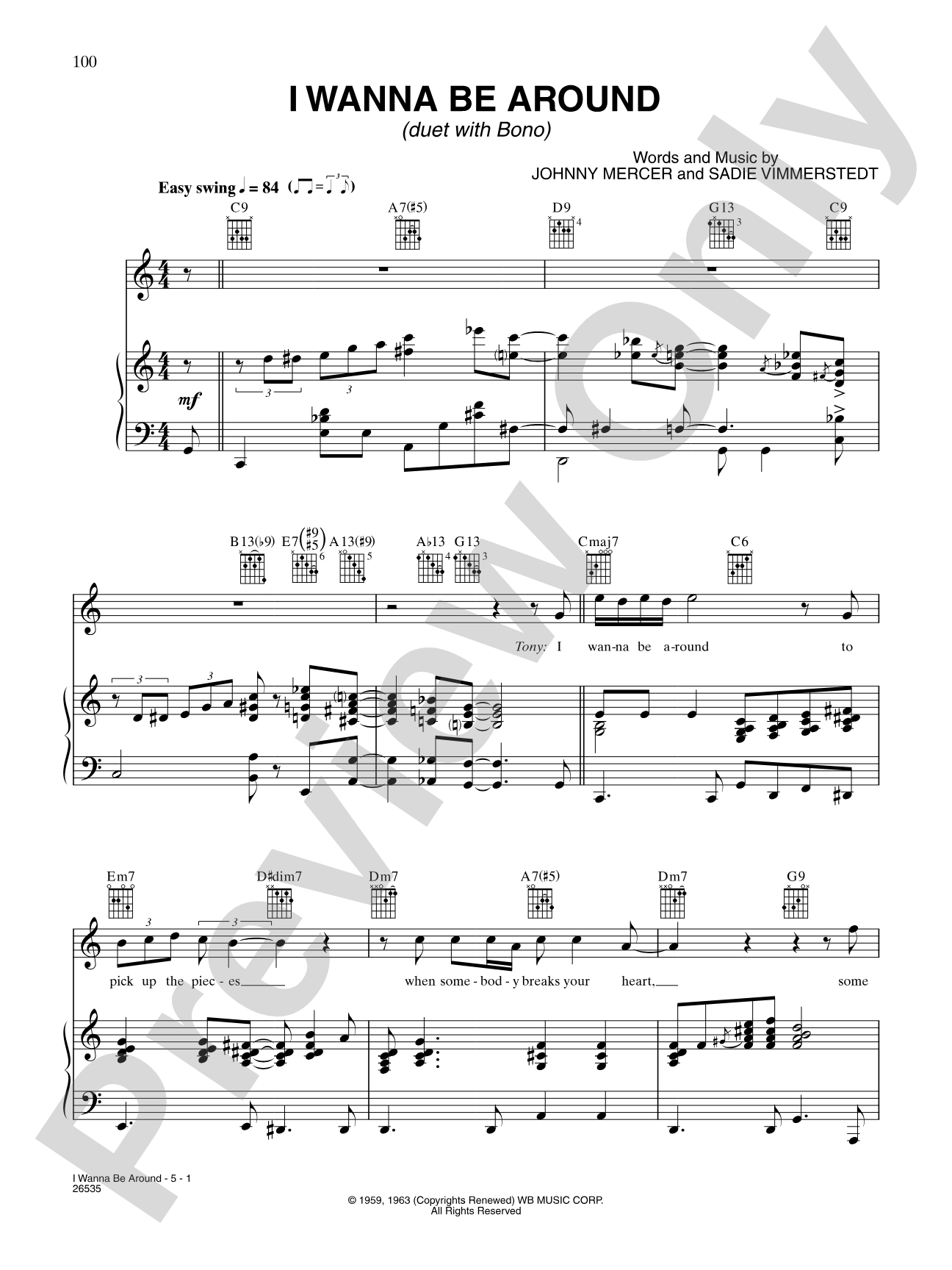 I Wanna Be Around: Piano/Vocal/Chords