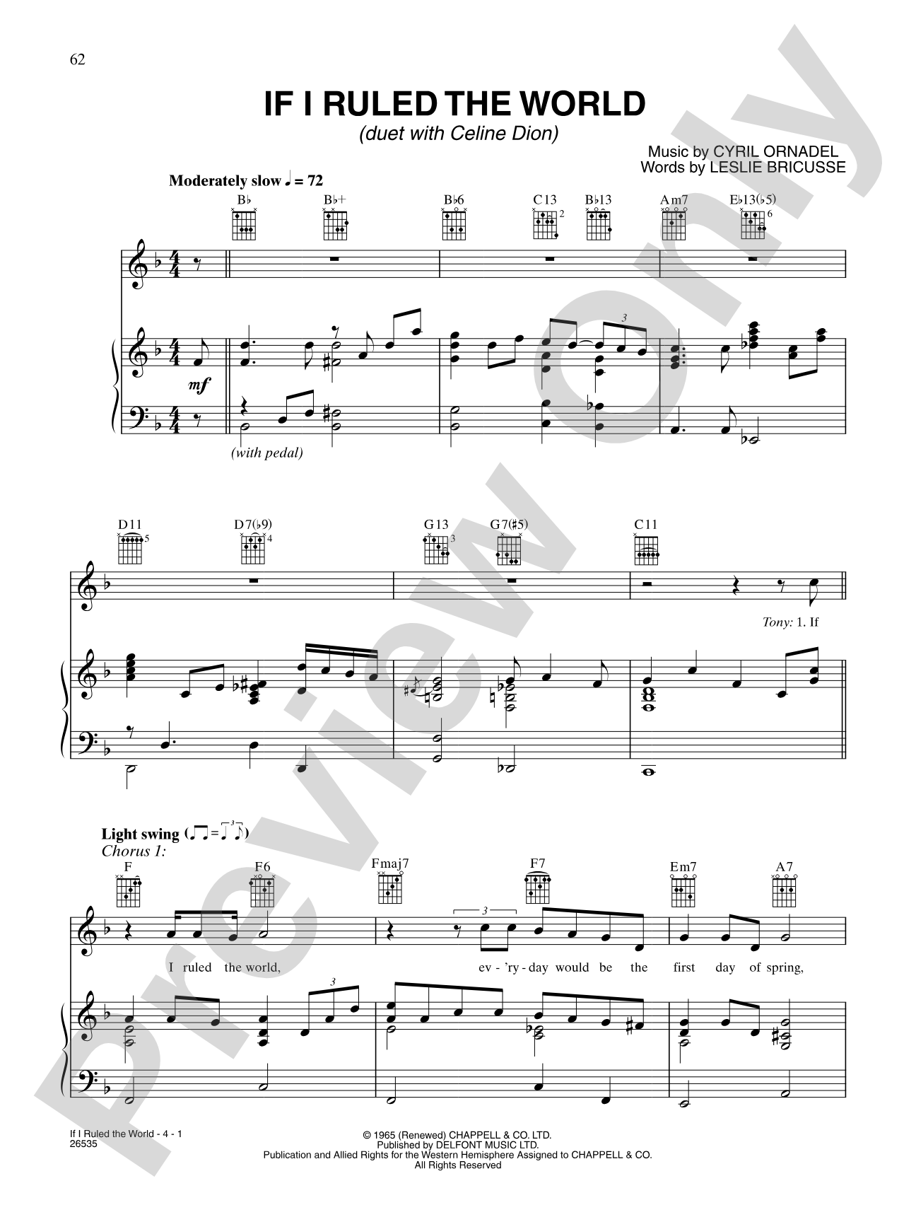 If I Ruled The World (from "Pickwick"): Piano/Vocal/Chords