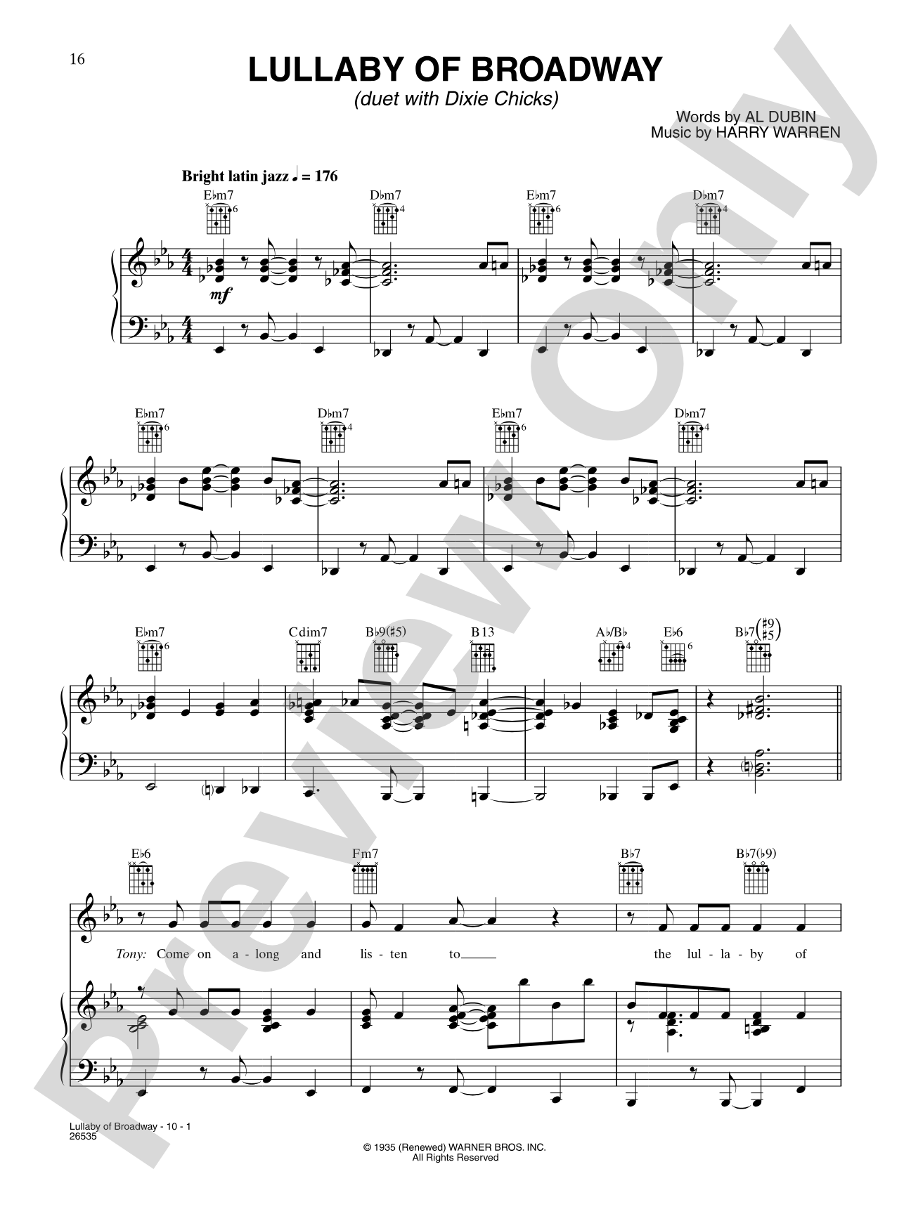 Lullaby Of Broadway (from "Gold Diggers of 1935"): Piano/Vocal/Chords