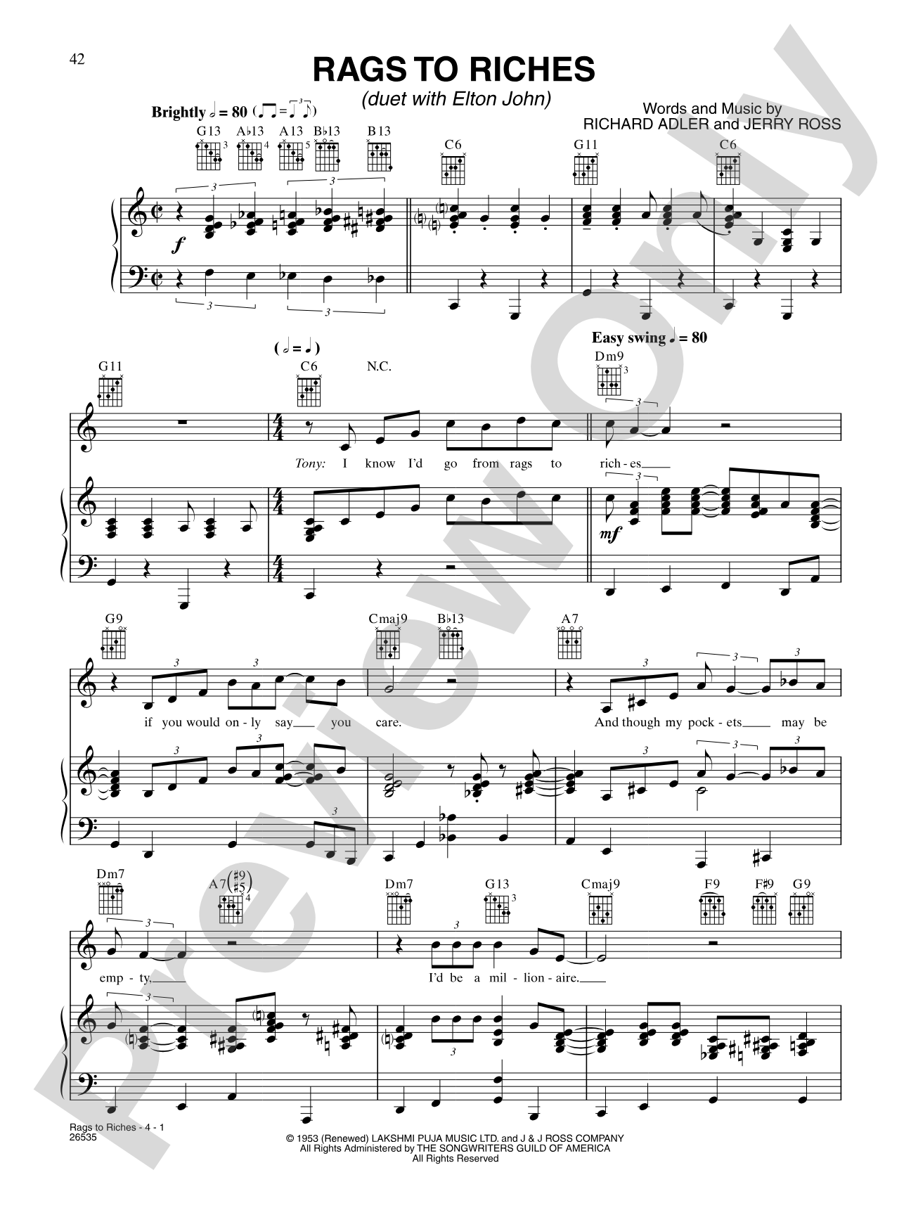 Rags To Riches: Piano/Vocal/Chords