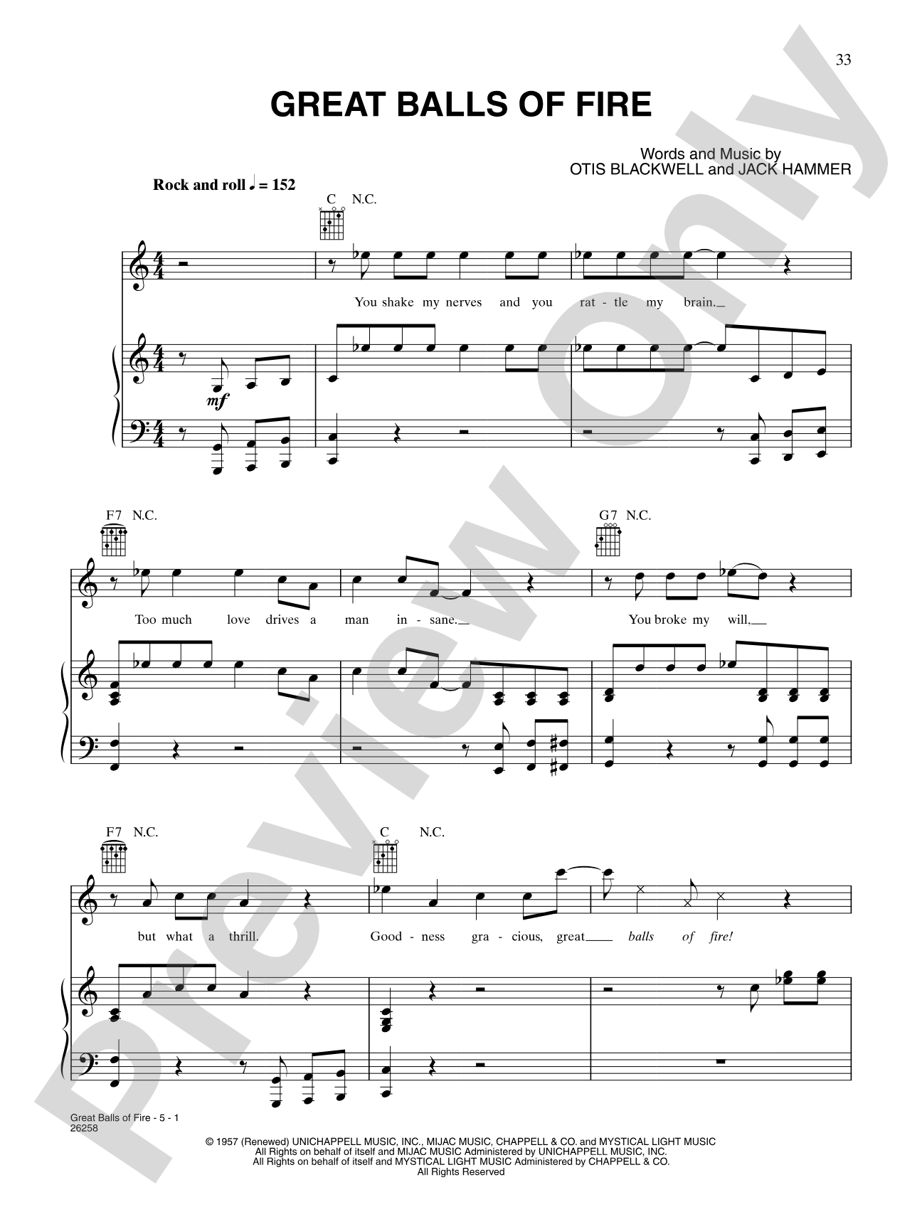 Great Balls Of Fire: Piano/Vocal/Chords