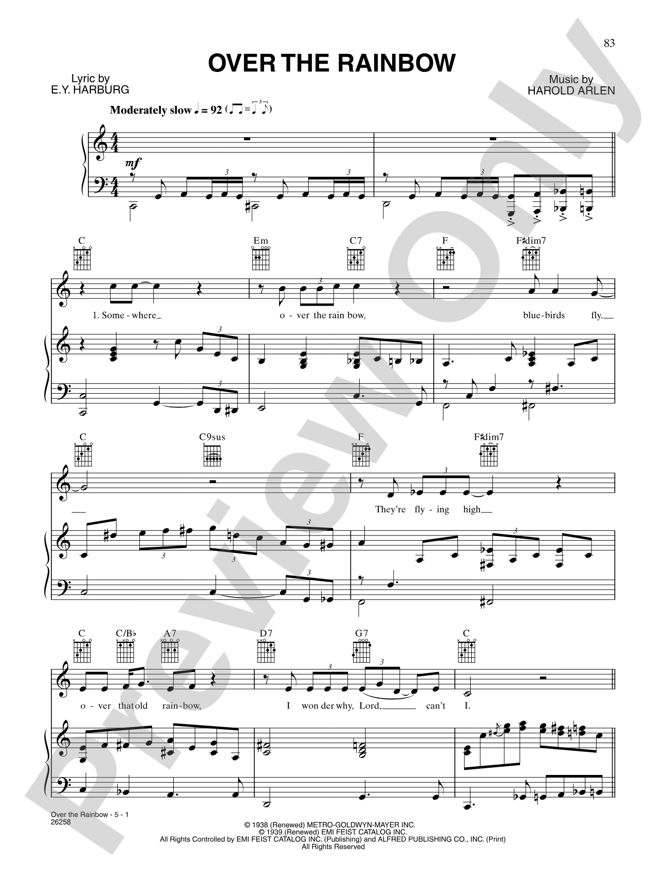 Over The Rainbow (from "The Wizard of Oz"): Piano/Vocal/Chords