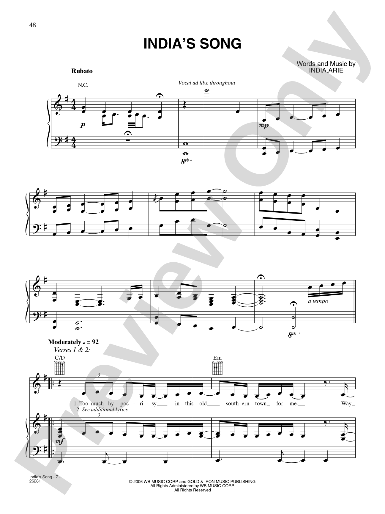 India's Song: Piano/Vocal/Chords