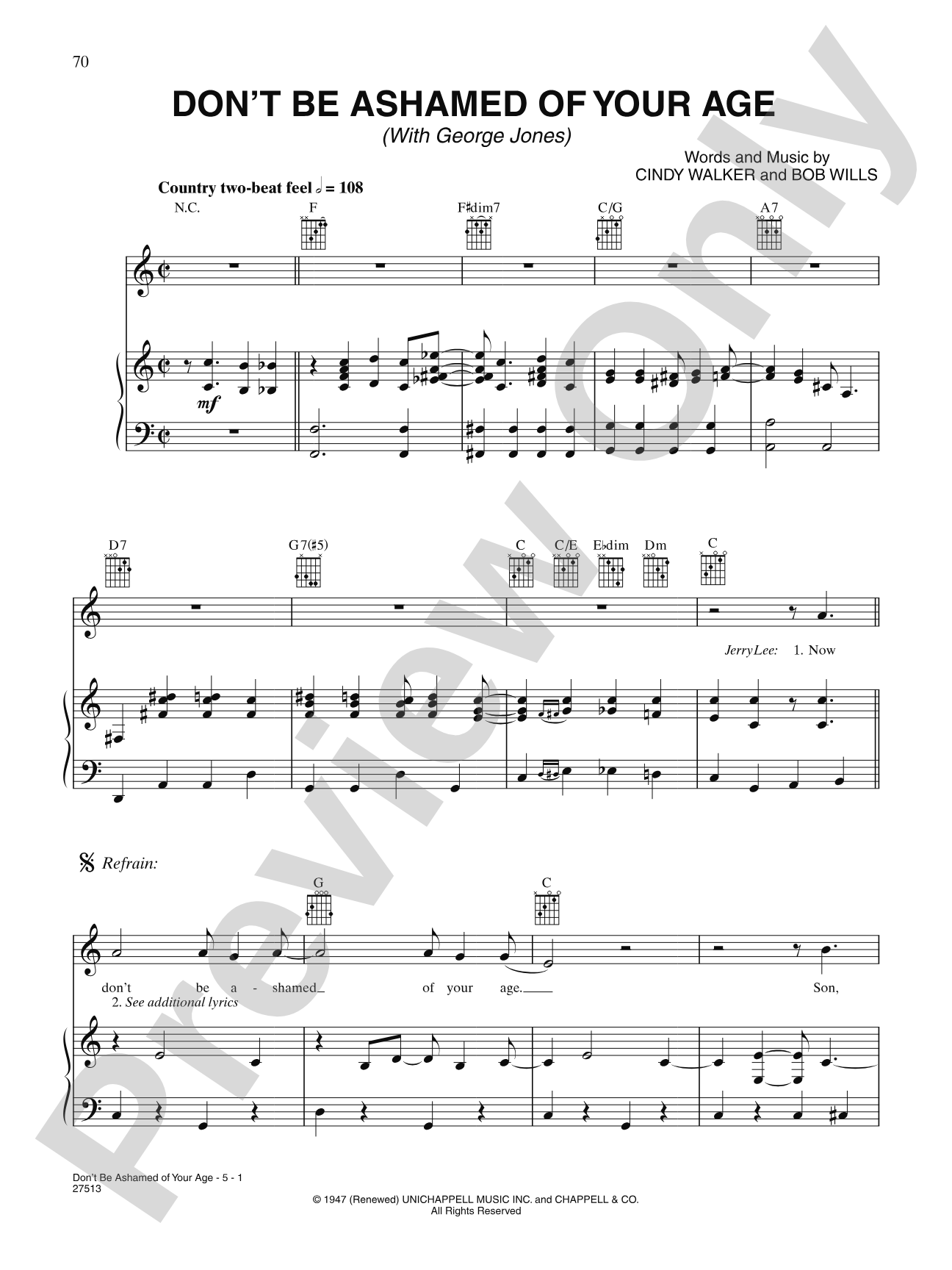 Don't Be Ashamed Of Your Age: Piano/Vocal/Chords