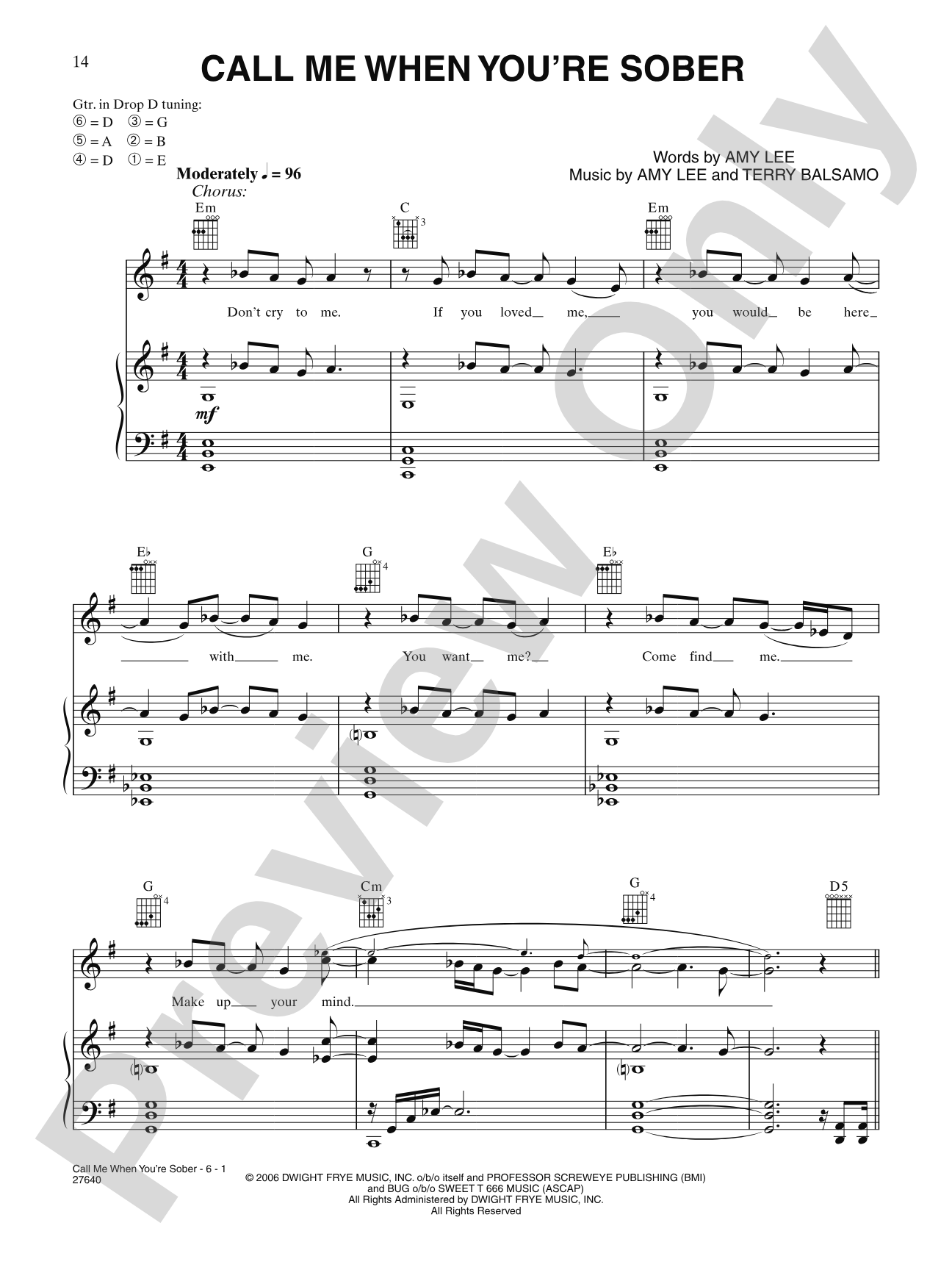 Call Me When You're Sober: Piano/Vocal/Chords