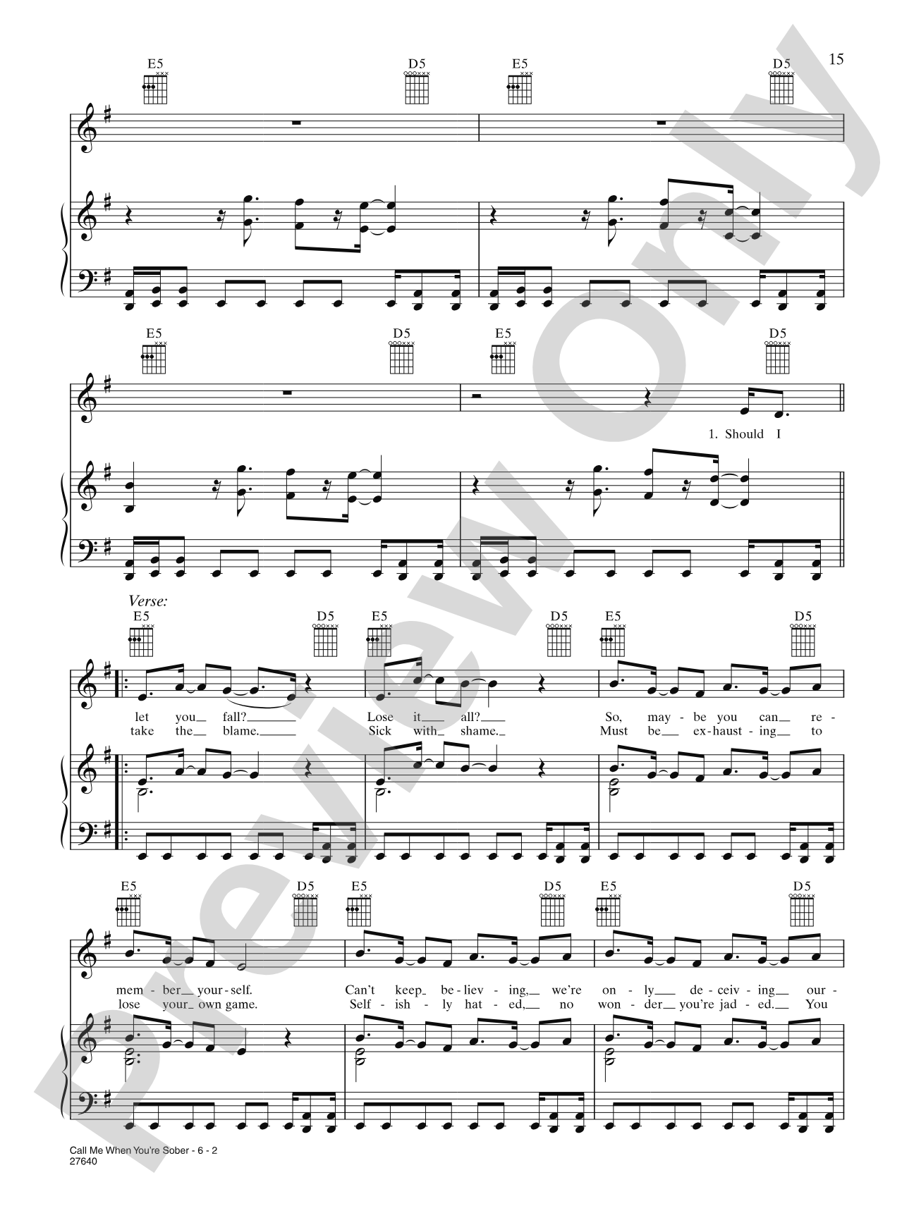 Call Me When You're Sober: Piano/Vocal/Chords