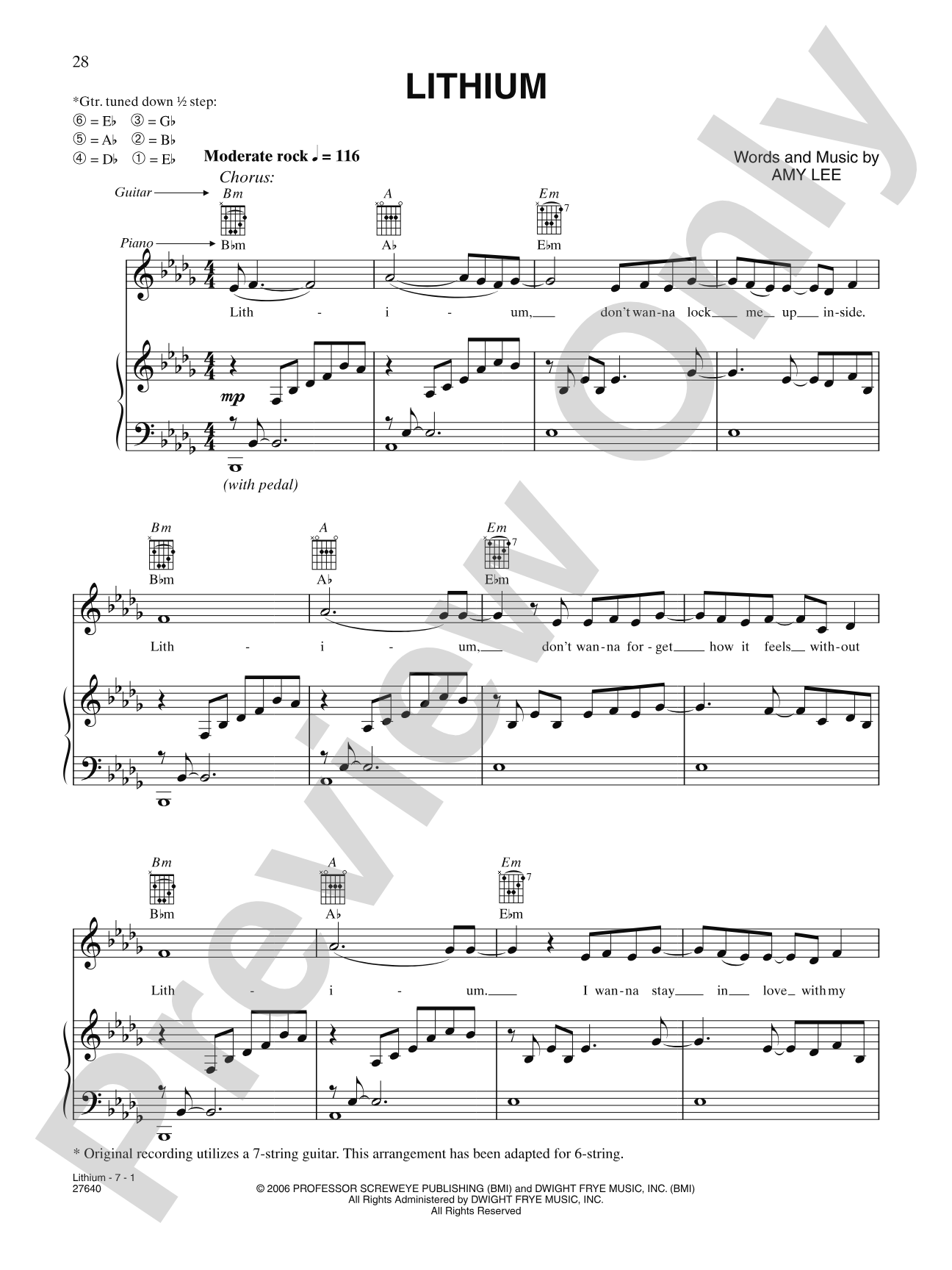 Lithium: Piano/Vocal/Chords