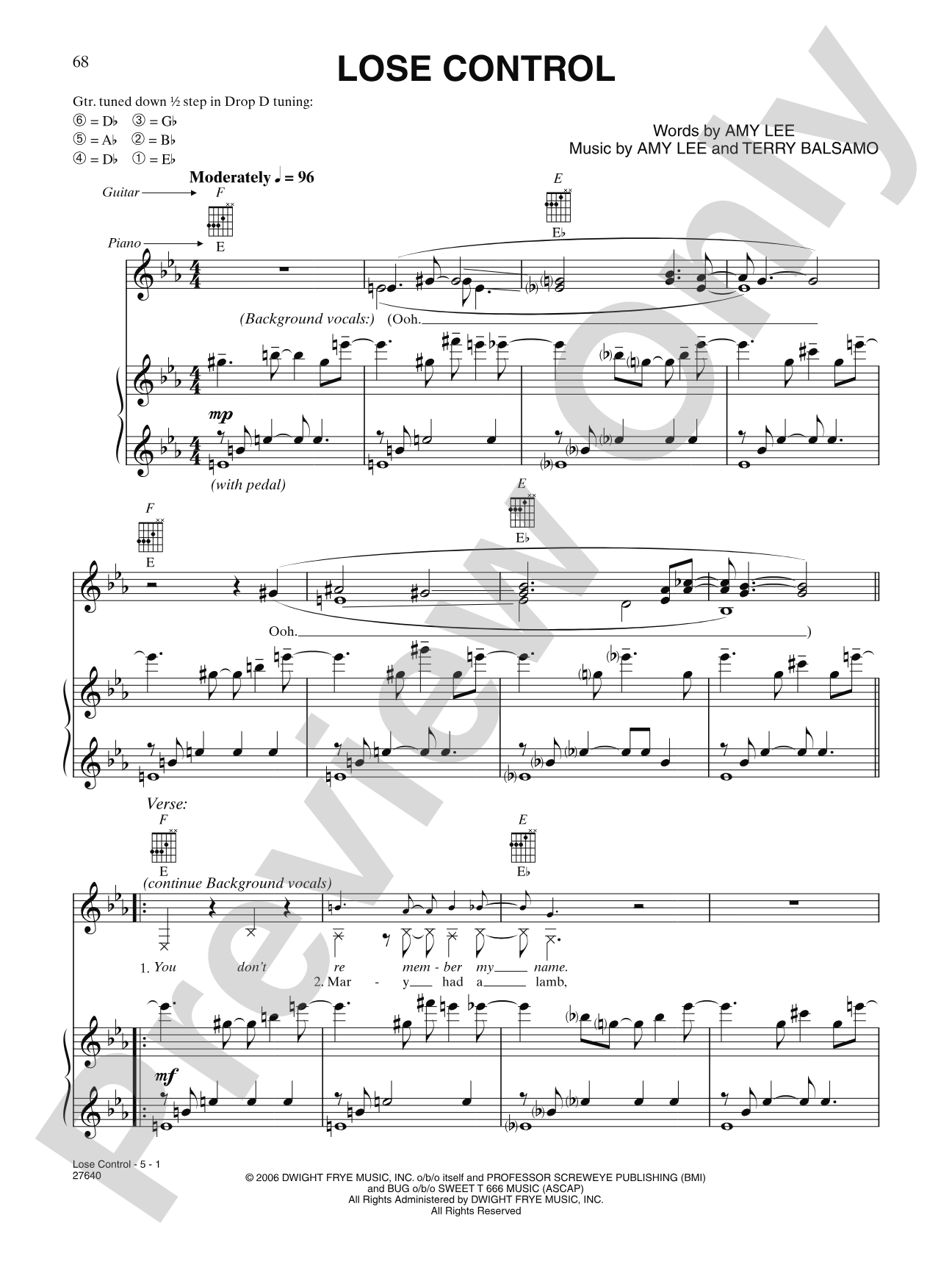 Lose Control: Piano/Vocal/Chords