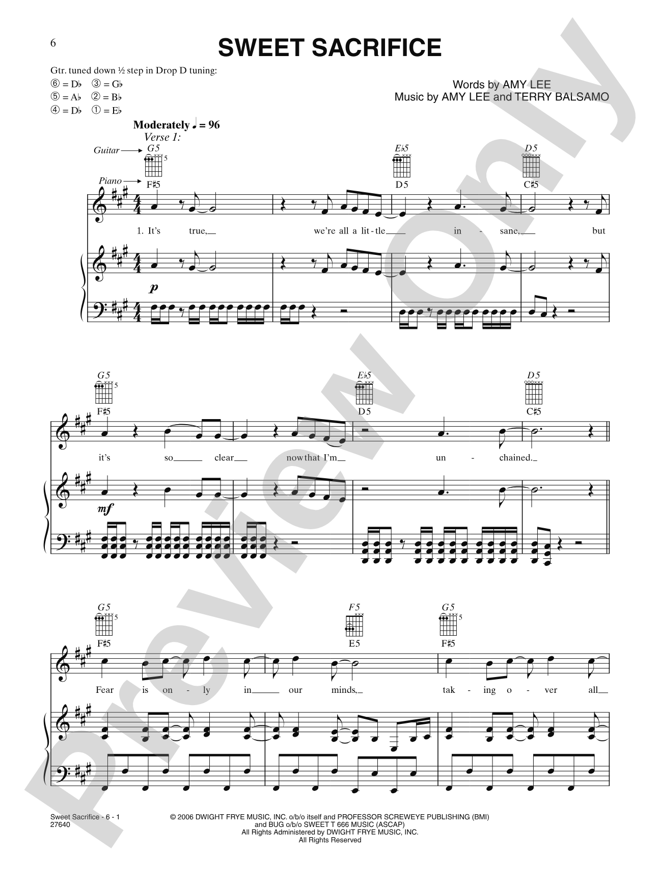 Sweet Sacrifice: Piano/Vocal/Chords