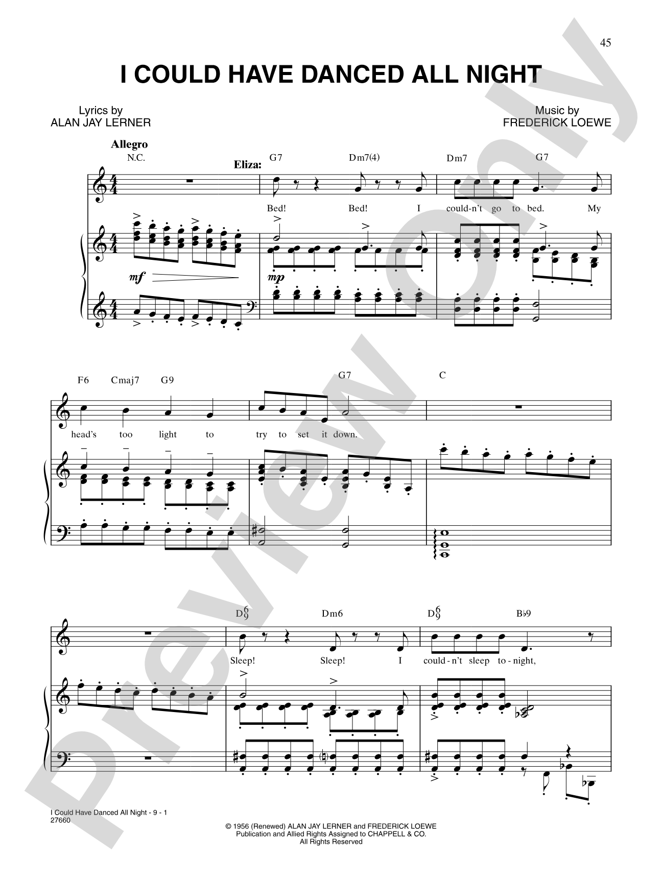 I Could Have Danced All Night<BR>(from "My Fair Lady"): Piano/Vocal/Chords