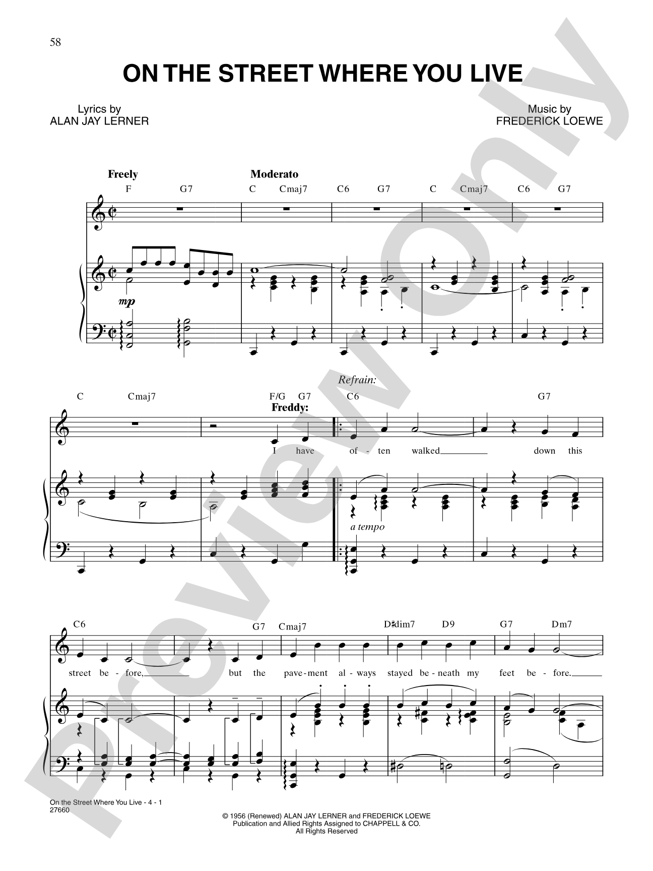 On The Street Where You Live (from "My Fair Lady"): Piano/Vocal/Chords