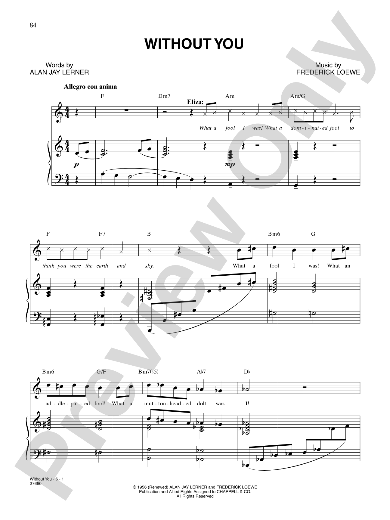 Without You (from "My Fair Lady"): Piano/Vocal/Chords