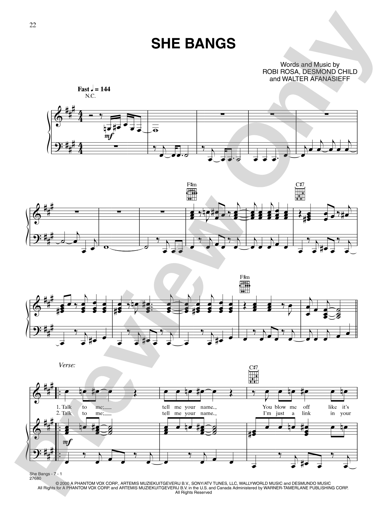 She Bangs: Piano/Vocal/Chords