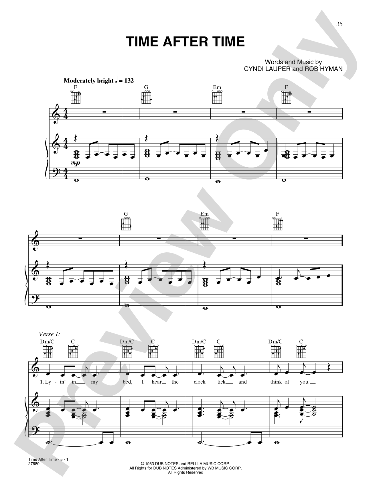 Time After Time: Piano/Vocal/Chords
