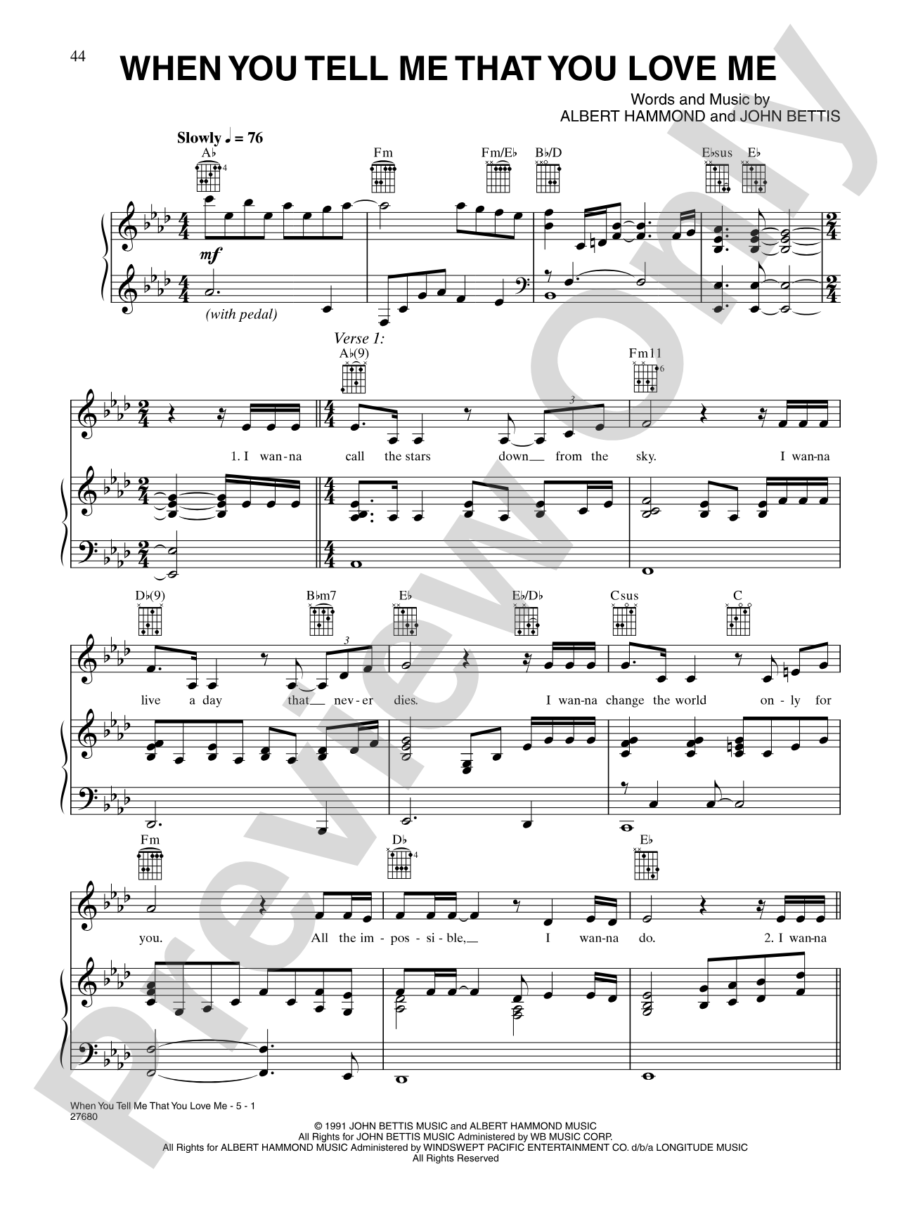 When You Tell Me That You Love Me: Piano/Vocal/Chords