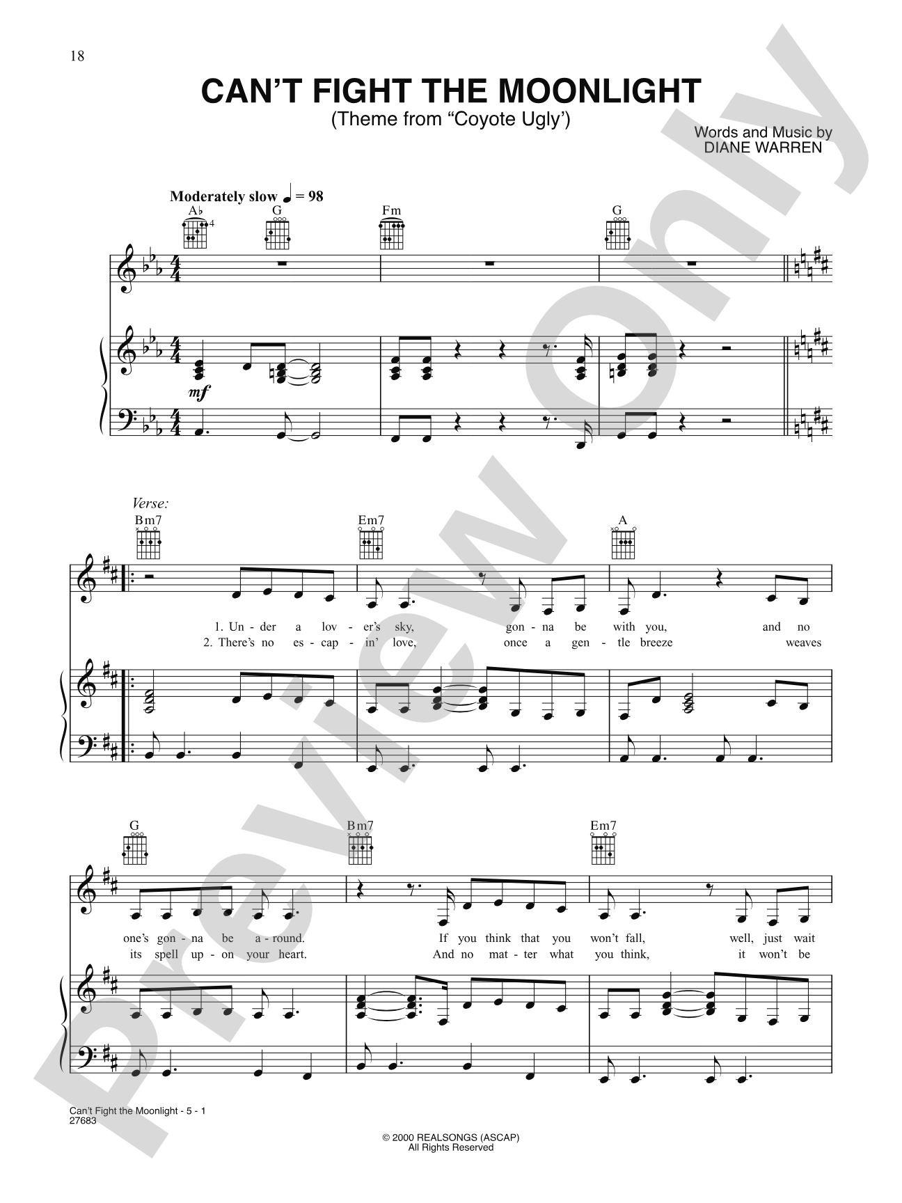 Can't Fight The Moonlight (From "Coyote Ugly"): Piano/Vocal/Chords