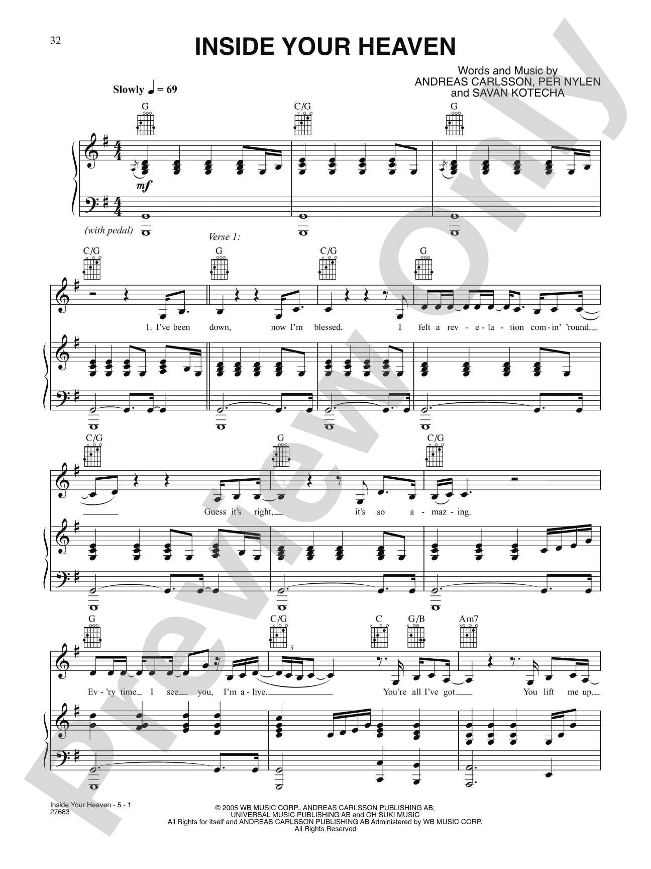 Inside Your Heaven: Piano/Vocal/Chords