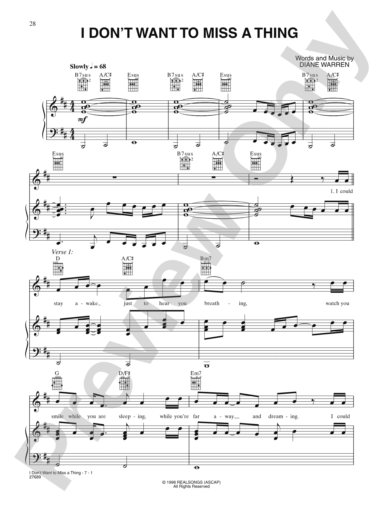 I Don't Want To Miss A Thing (From "Armageddon"): Piano/Vocal/Chords