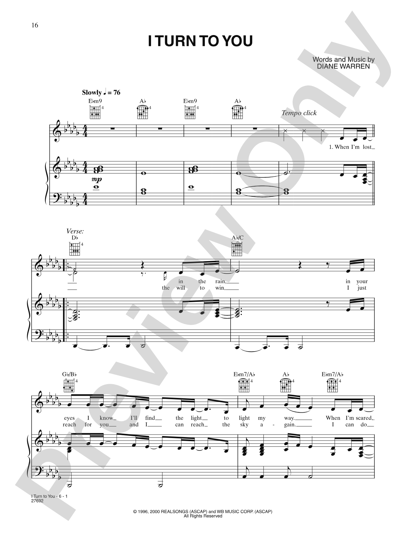 I Turn To You: Piano/Vocal/Chords