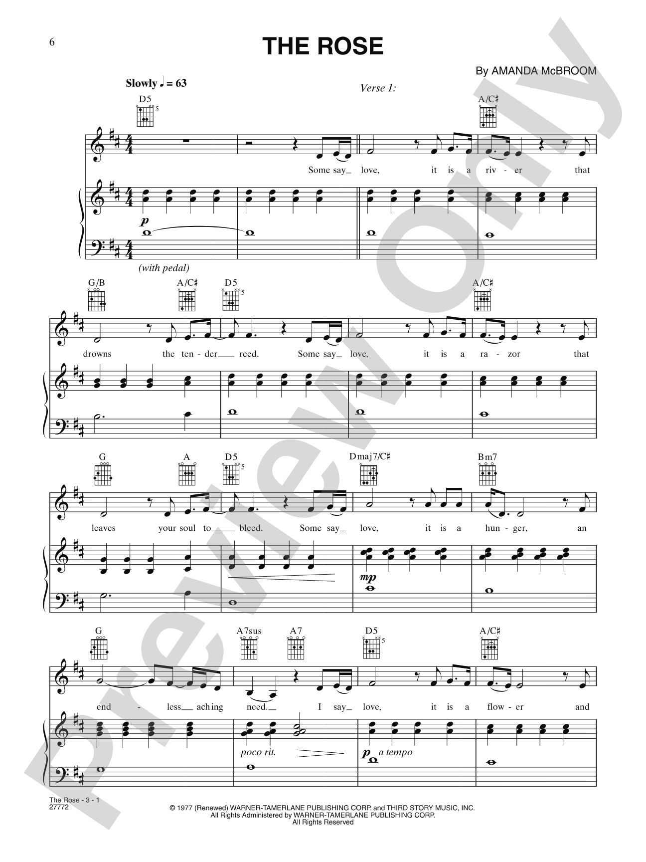 The Rose: Piano/Vocal/Chords