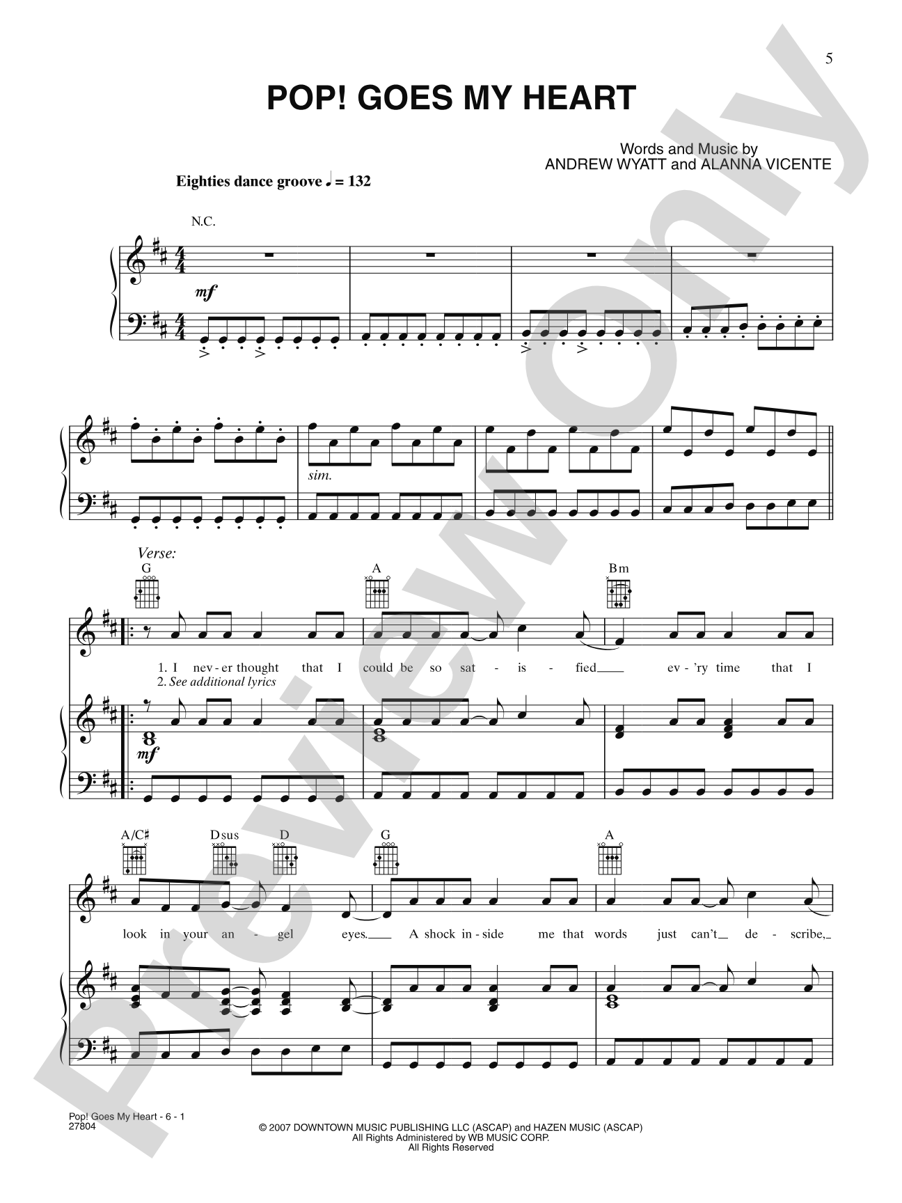 Pop! Goes My Heart (from "Music and Lyrics"): Piano/Vocal/Chords