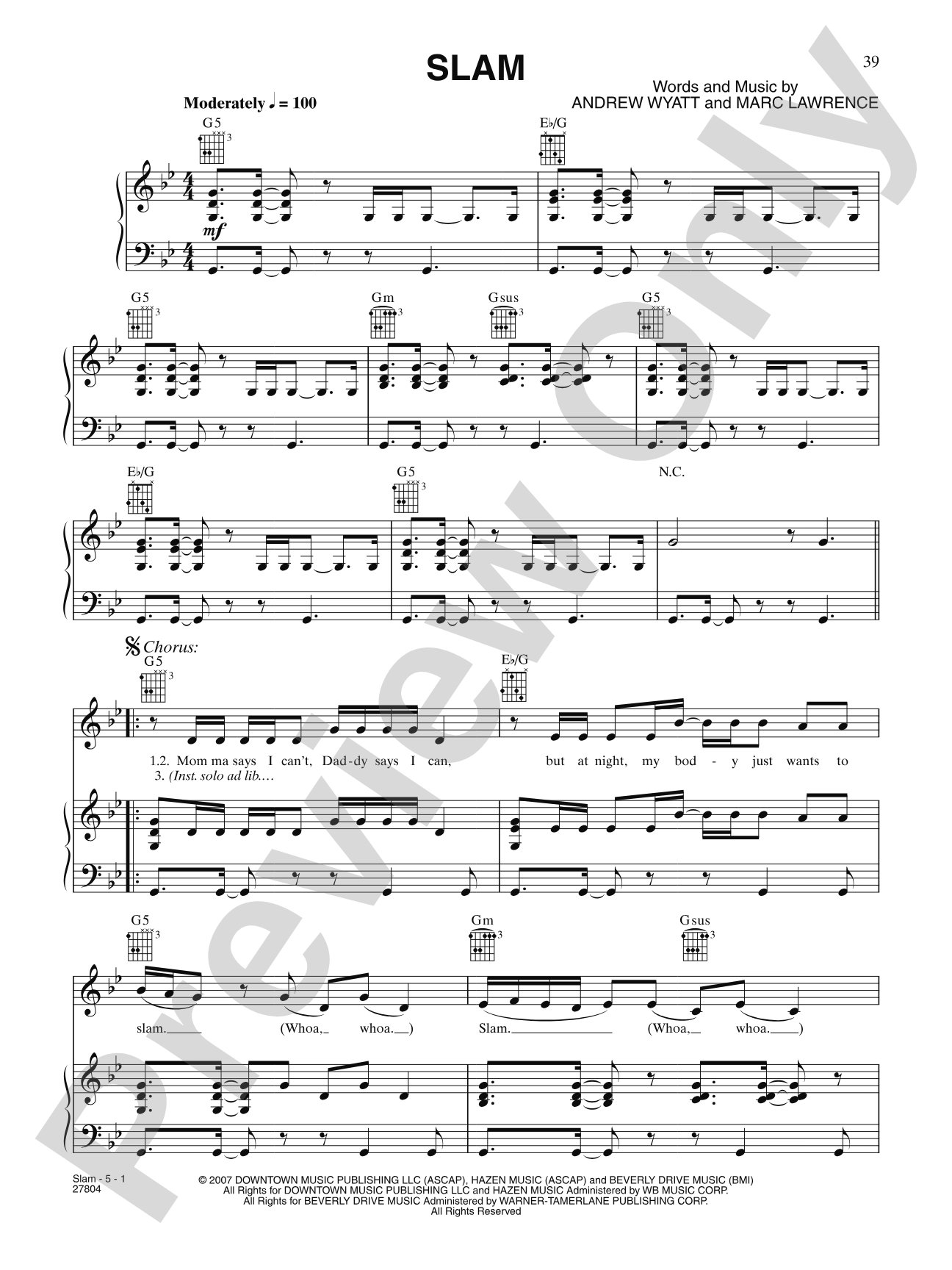 Slam (from "Music and Lyrics"): Piano/Vocal/Chords