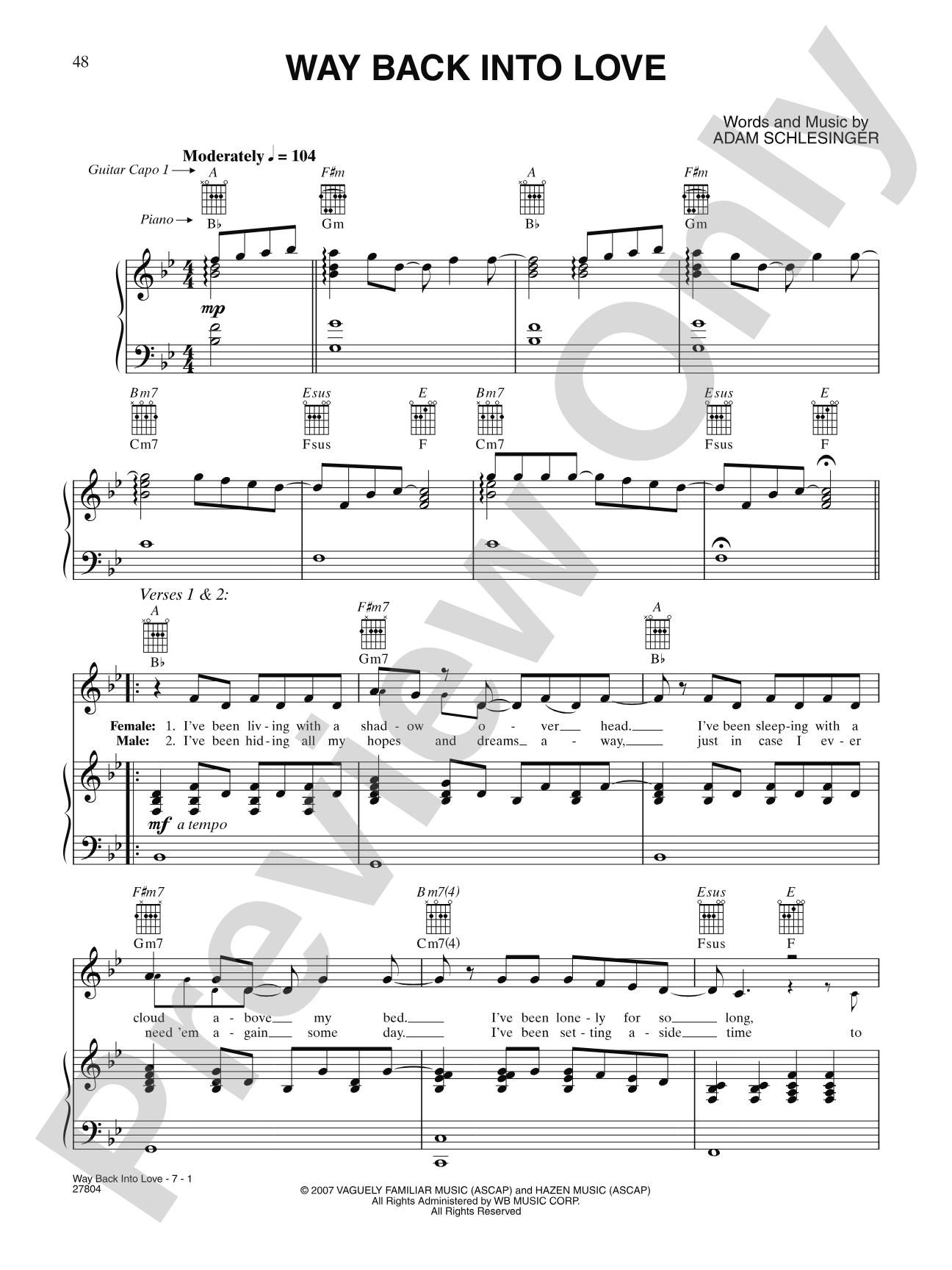 Way Back Into Love (from "Music and Lyrics"): Piano/Vocal/Chords