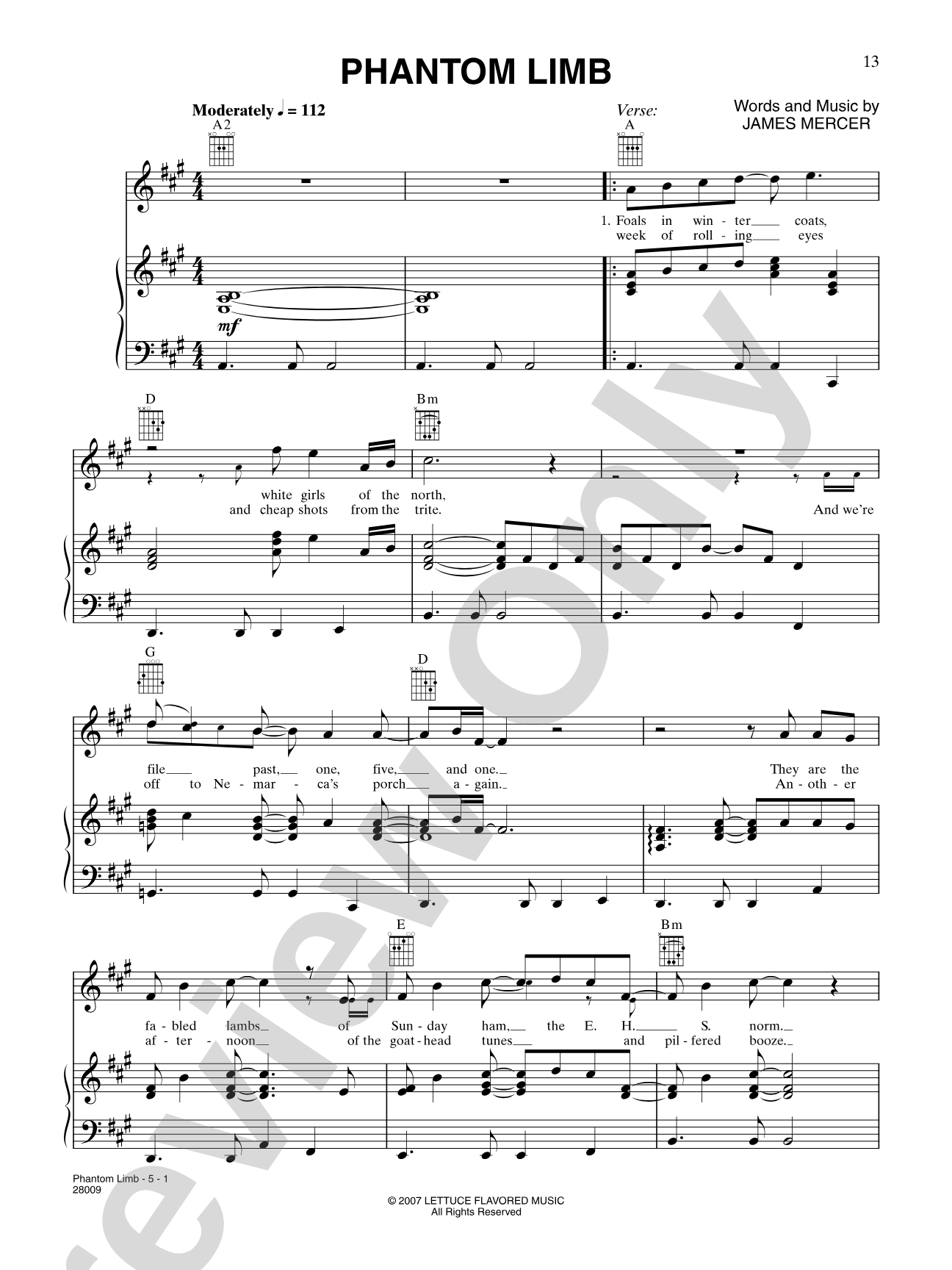 Phantom Limb: Piano/Vocal/Chords