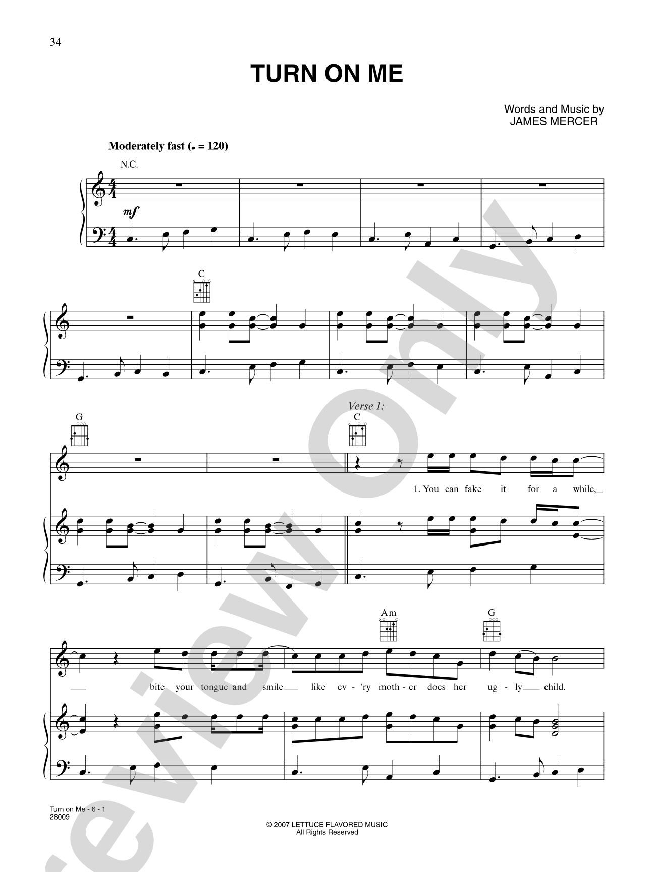 Turn On Me: Piano/Vocal/Chords
