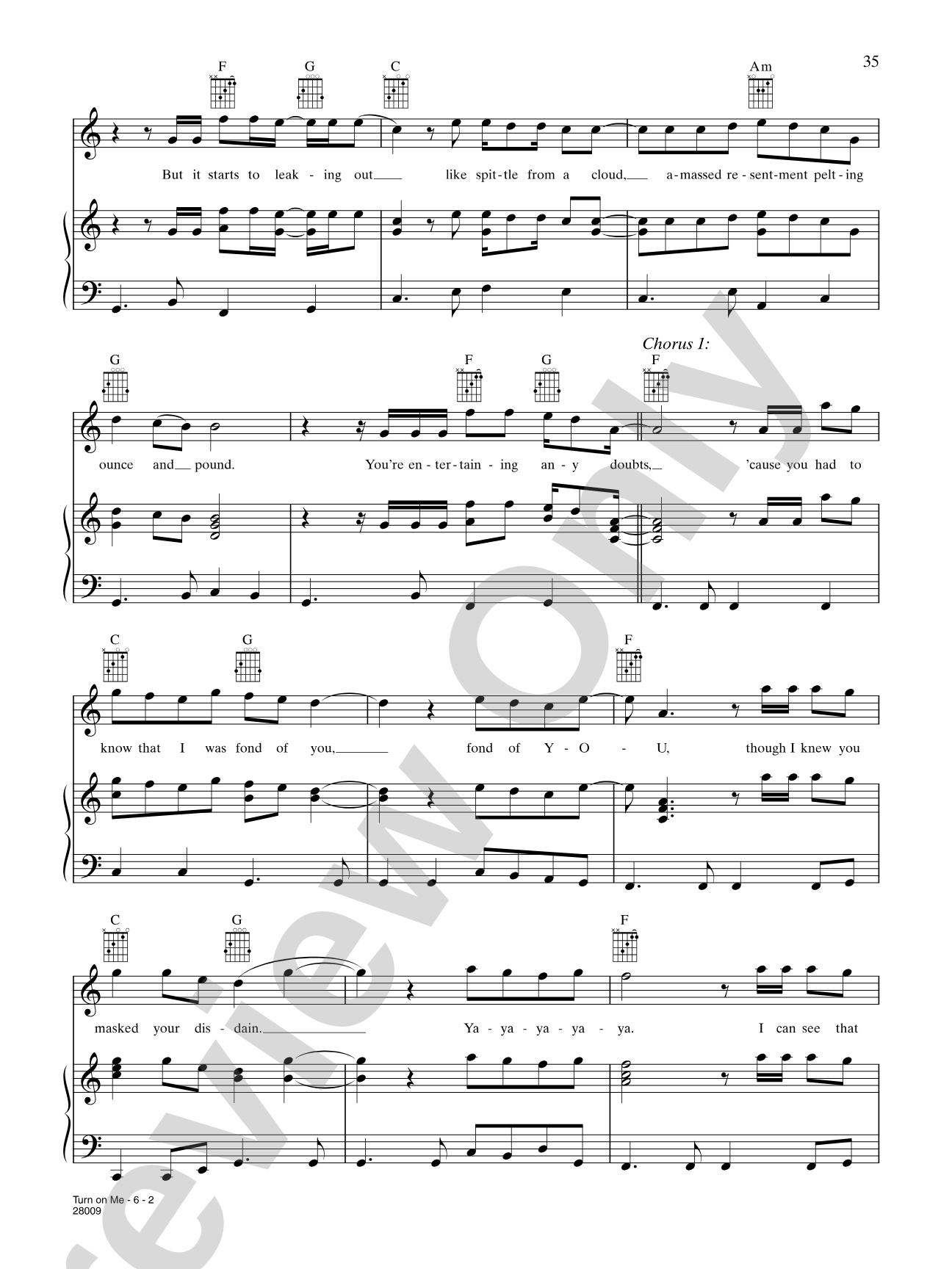 Turn On Me: Piano/Vocal/Chords