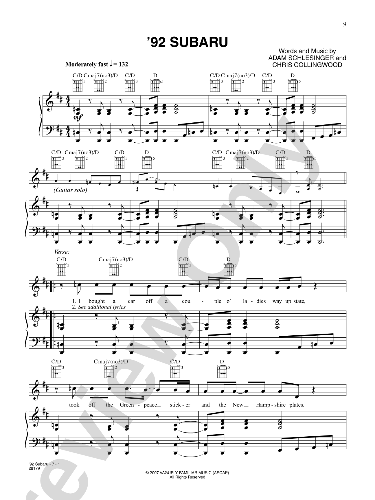 92 Subaru: Piano/Vocal/Chords