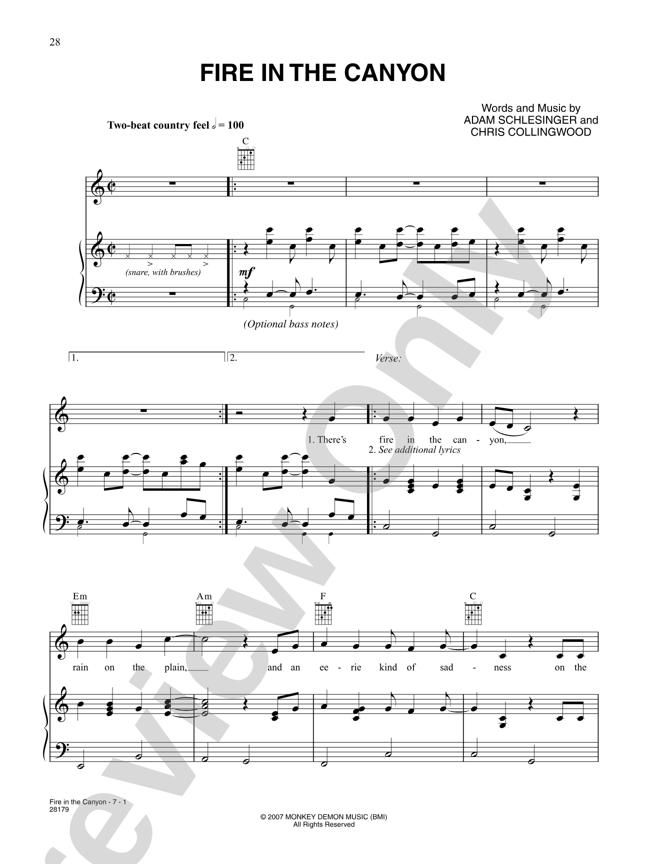 Fire In The Canyon: Piano/Vocal/Chords
