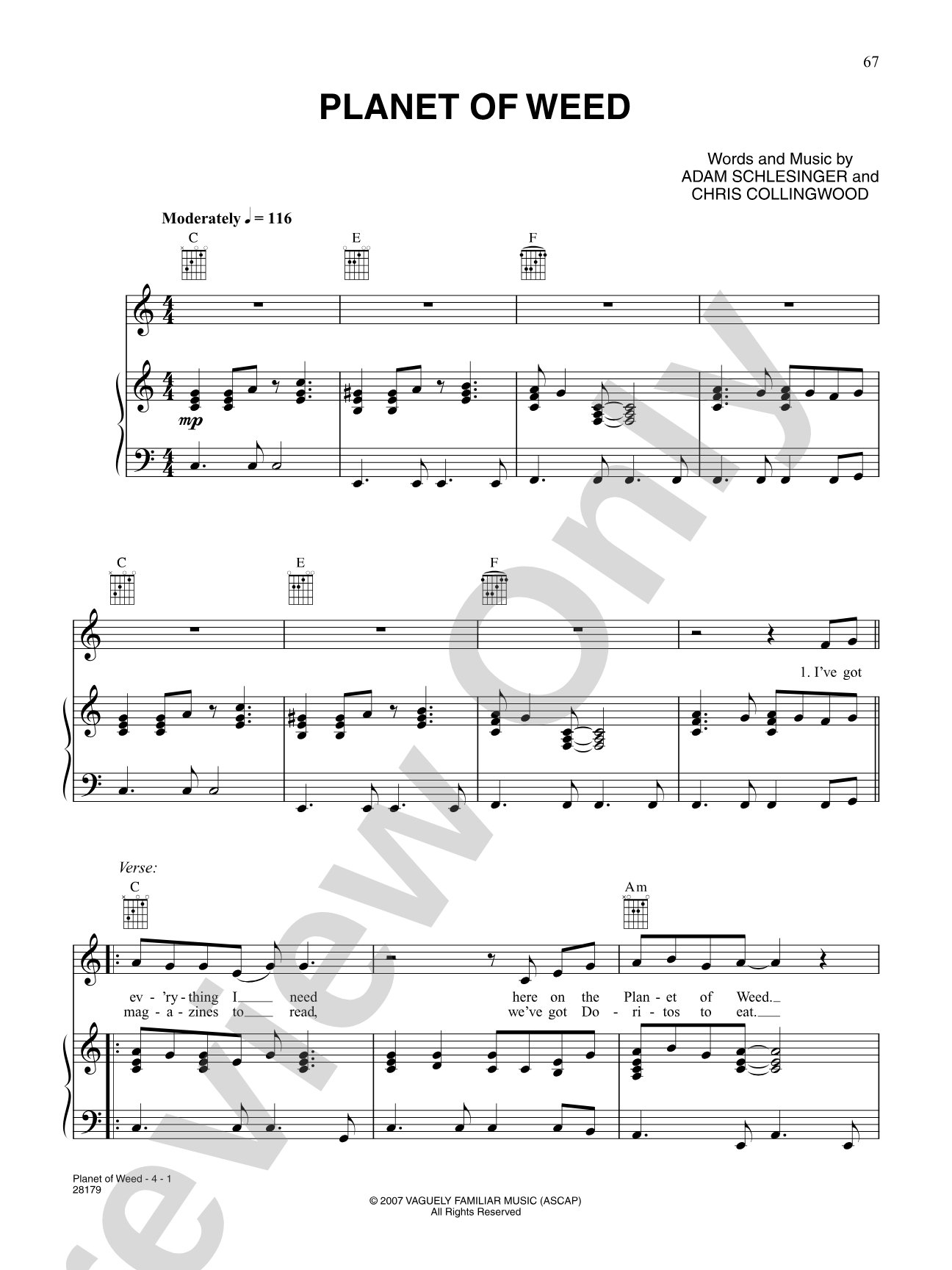 Planet Of Weed: Piano/Vocal/Chords