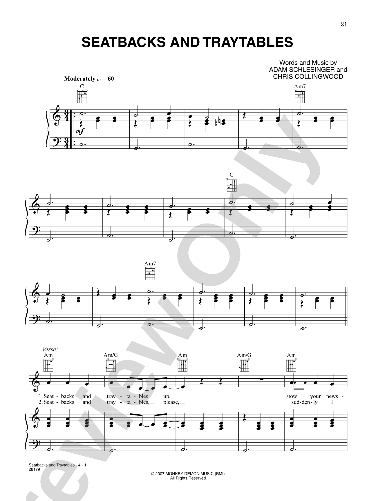 Seatbacks And Traytables: Piano/Vocal/Chords