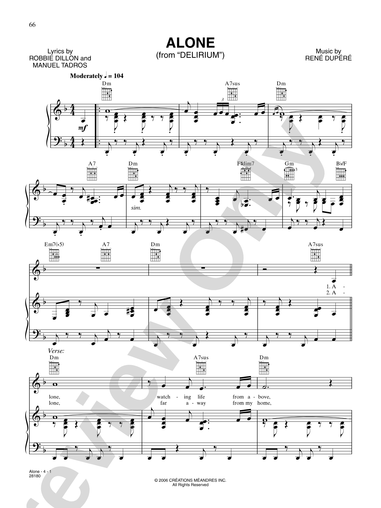 Alone (from “Cirque Du Soleil: Delirium”): Piano/Vocal/Chords