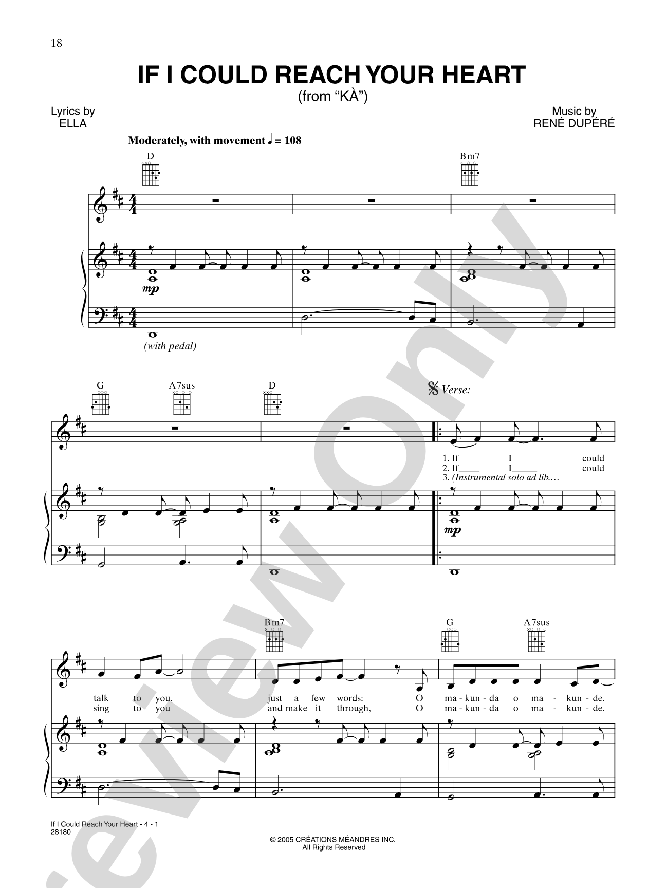 If I Could Reach Your Heart (from “Cirque Du Soleil: Kà”): Piano/Vocal/Chords