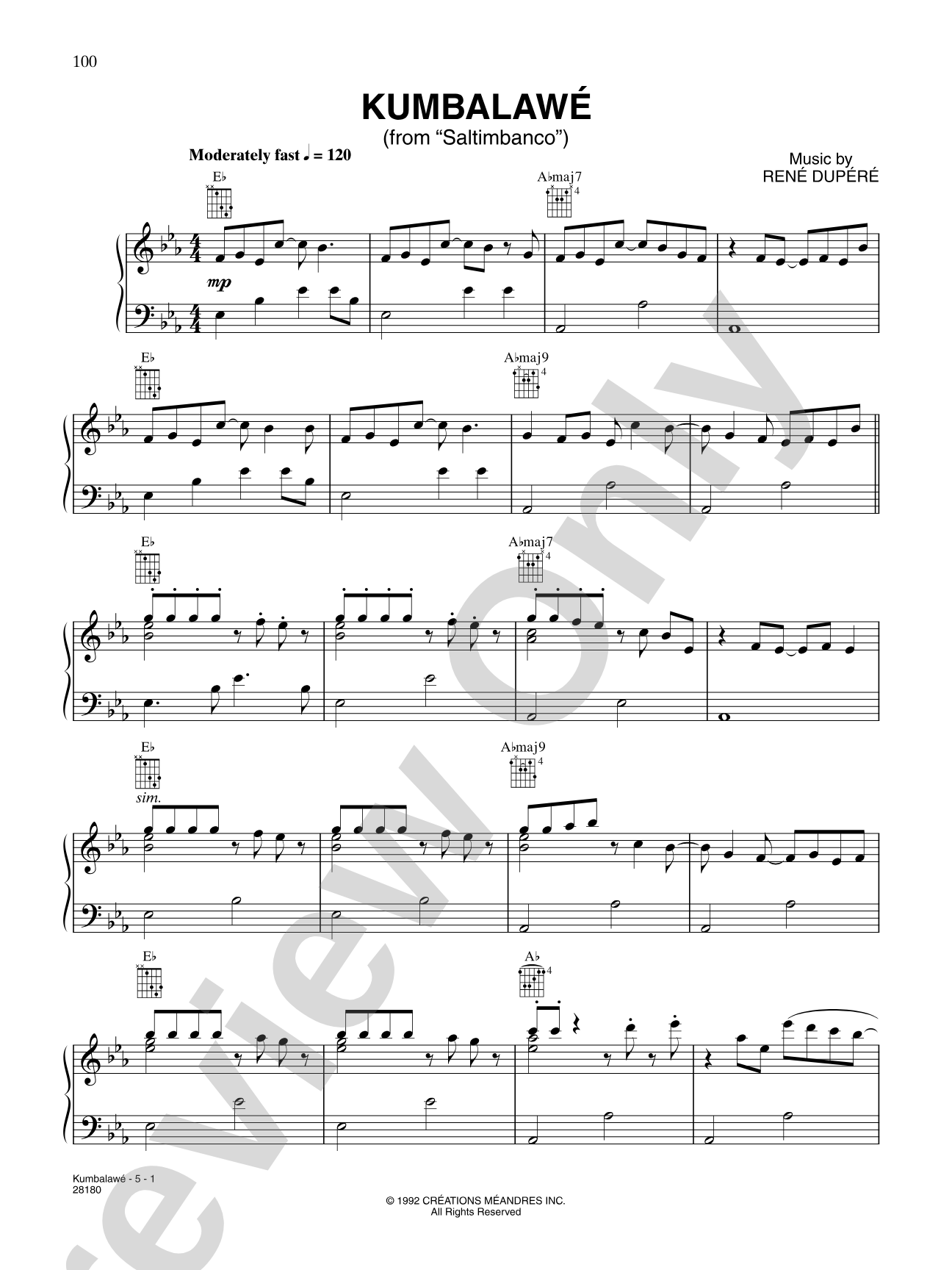 Kumbalawé (from “Cirque Du Soleil: Saltimbaco”): Piano/Vocal/Chords
