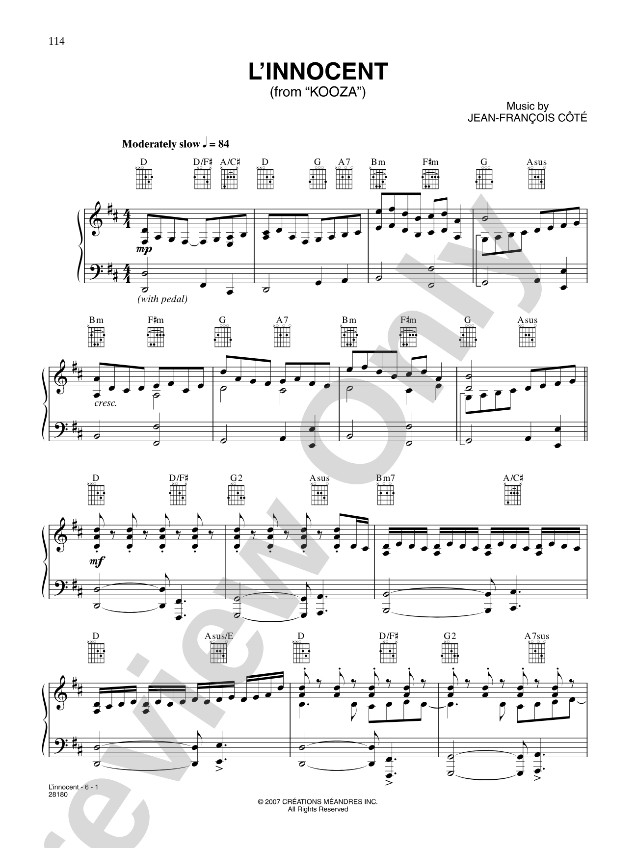 L’Innocent (from “Cirque Du Soleil: Kooza”): Piano/Vocal/Chords