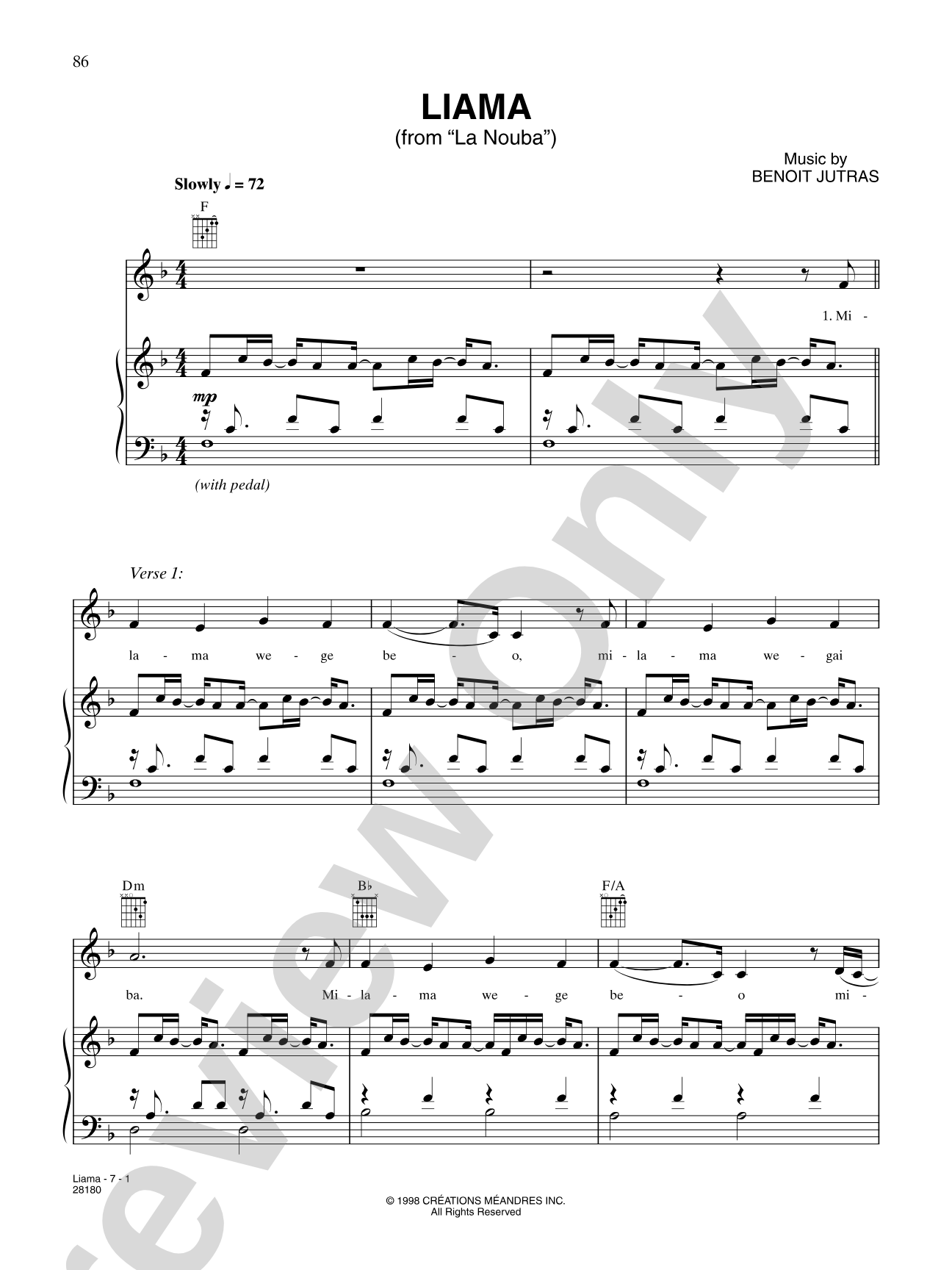 Liama (from "Cirque Du Soleil: La Nouba"): Piano/Vocal/Chords