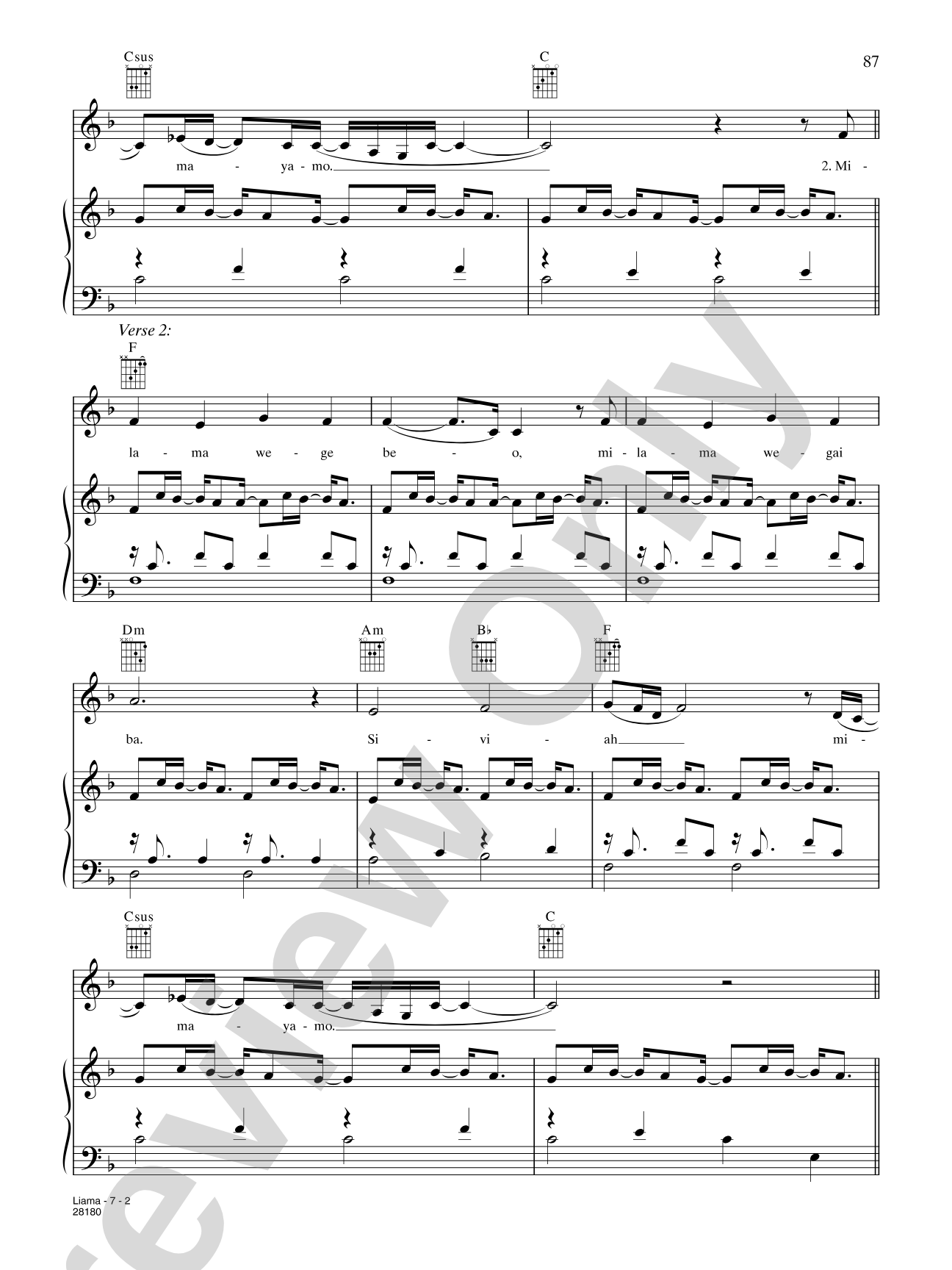 Liama (from "Cirque Du Soleil: La Nouba"): Piano/Vocal/Chords
