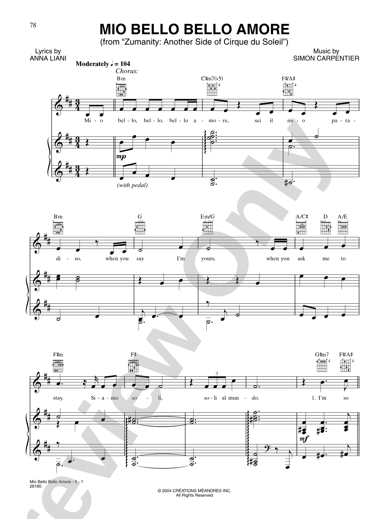 Mio Bello Bello Amore (from "Cirque Du Soleil: Zumanity"): Piano/Vocal/Chords