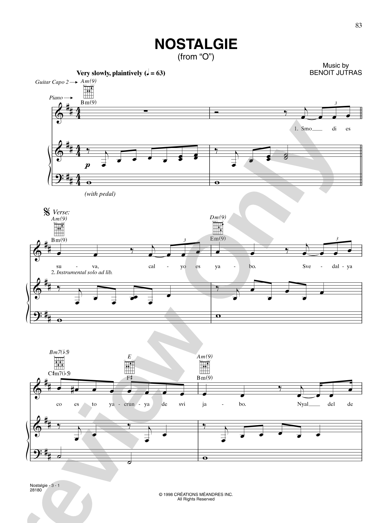 Nostalgie (from "Cirque Du Soleil: O"): Piano/Vocal/Chords